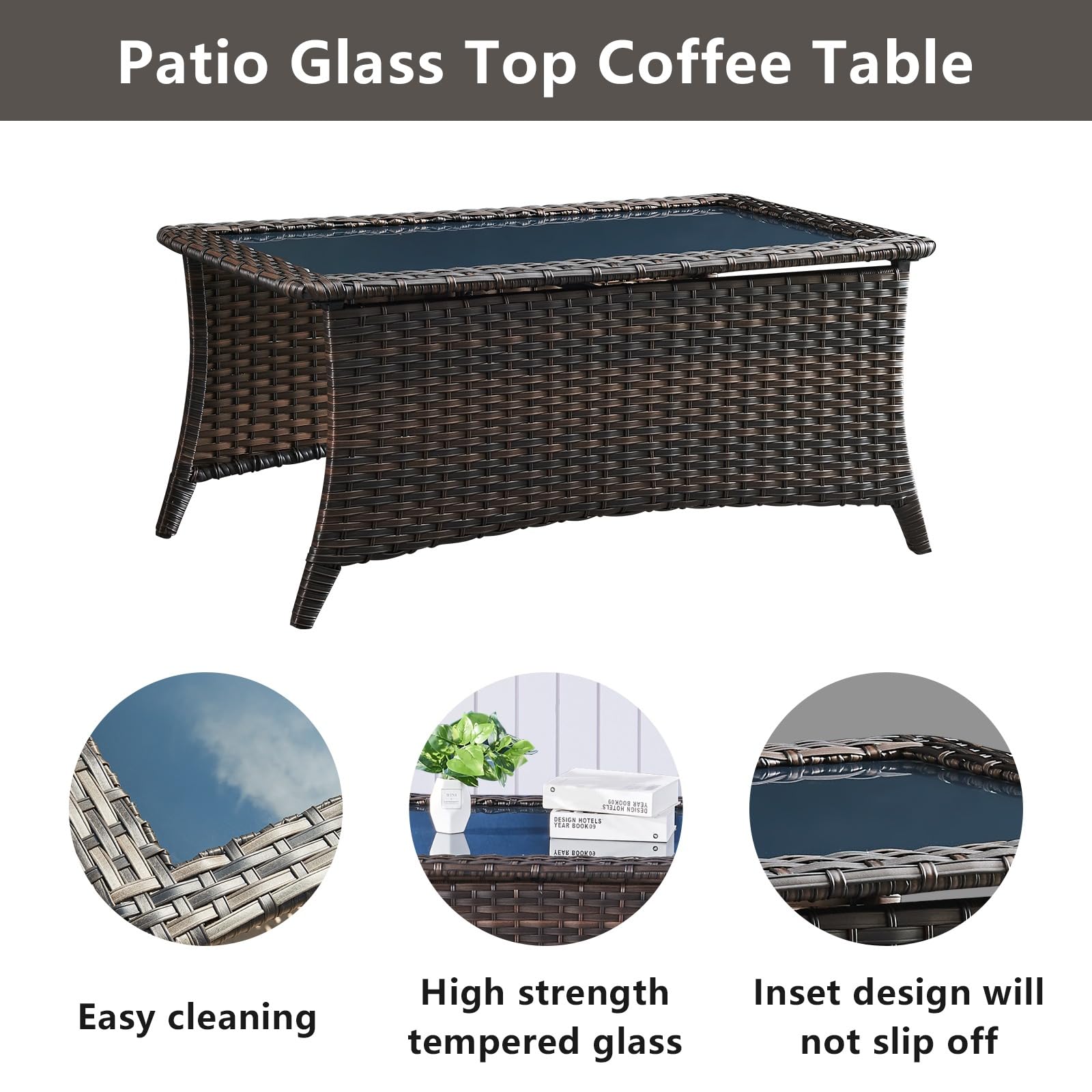 Outdoor Coffee Table with Tempered Glass Top - Brown Rectangular Wicker Patio Table, Handwoven Rattan Furniture for Porch, Deck, Backyard | Perfect for Outdoor Lounging, Garden Parties & Poolside Relaxation