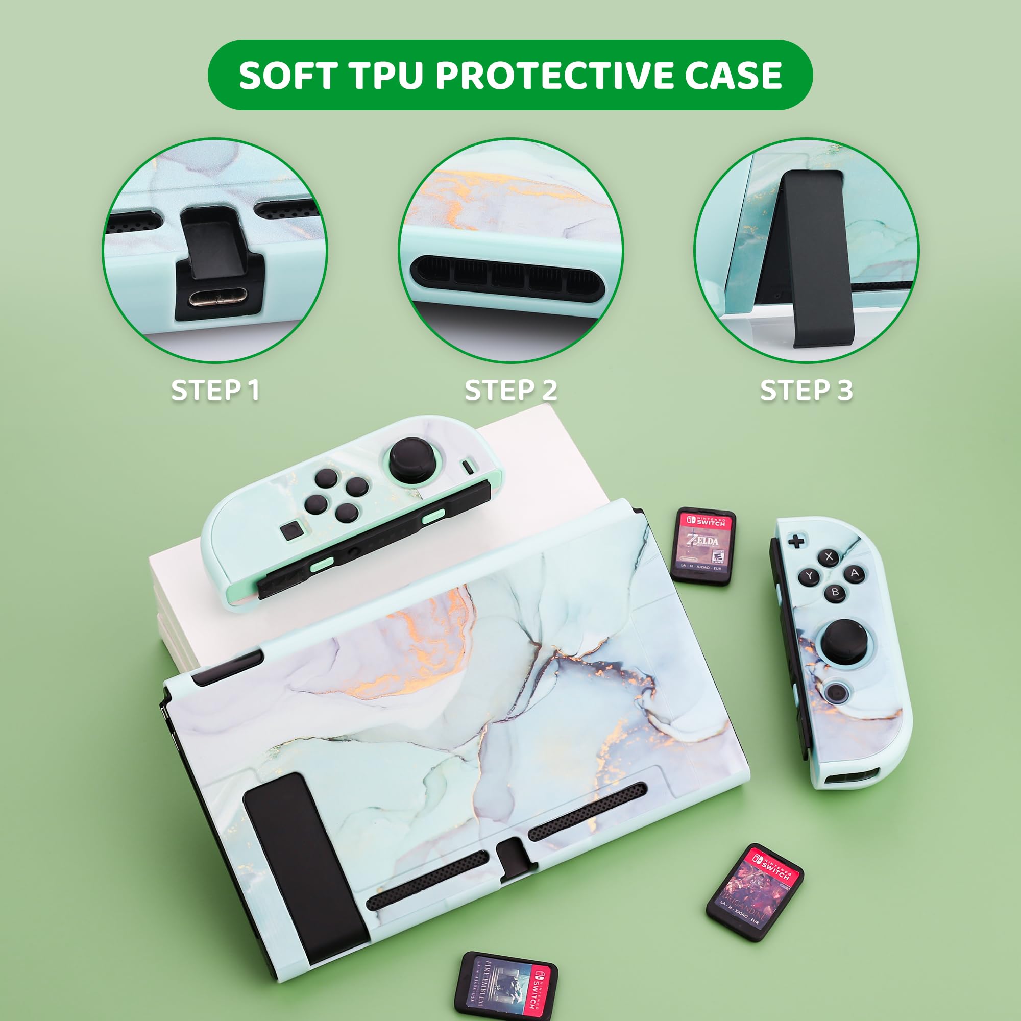 Premium Hard Shell Travel Case for Nintendo Switch - Green Marble Protective Cover with Screen Protector, Adjustable Shoulder Strap & 2 Thumb Grips | Portable Storage Solution for Gaming On-The-Go, Commuting & Travel Accessories