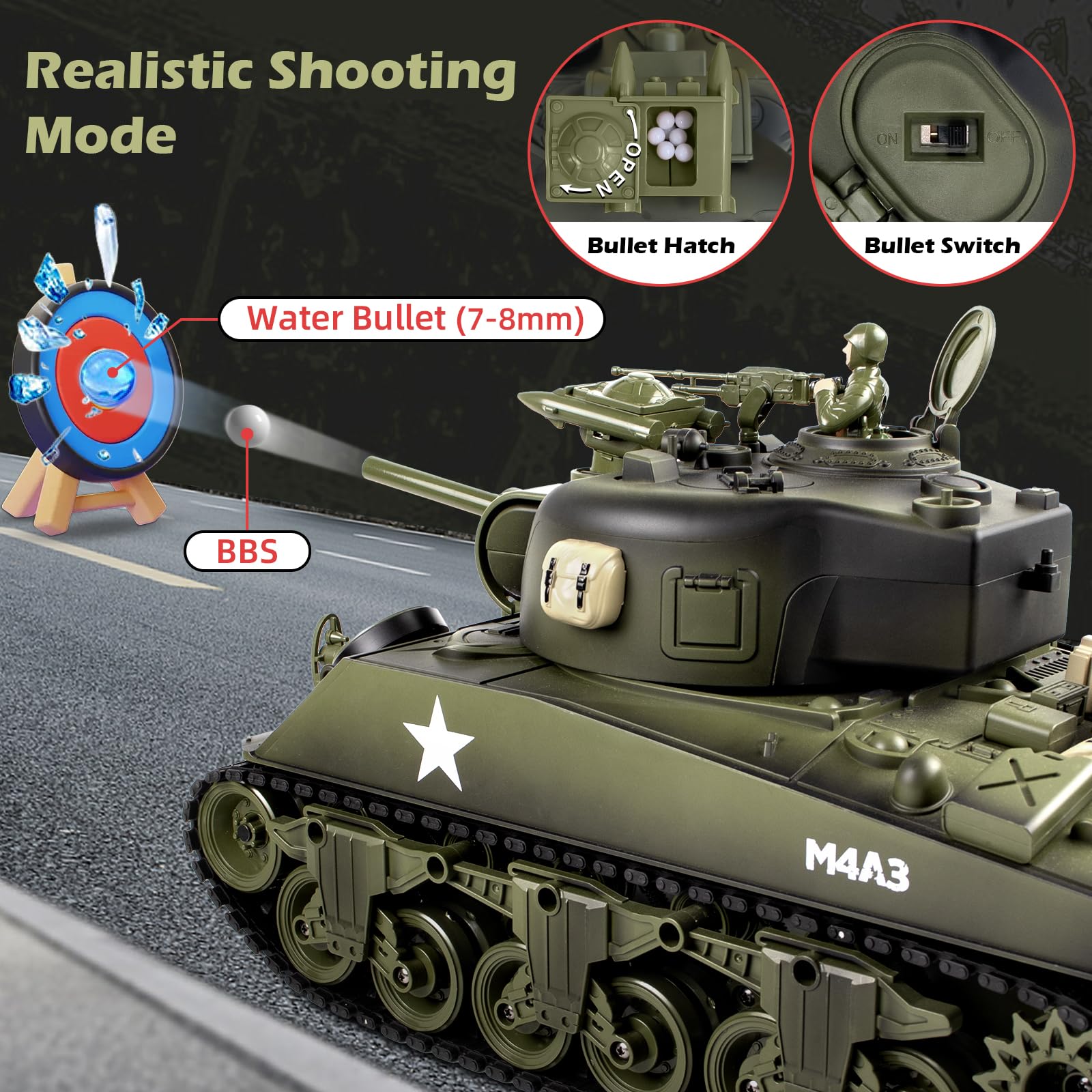 1/18 Scale RC Sherman M4A3 Tank - 2.4GHz Remote Control Military Toy with Realistic Sound, Smoke, BBS Bullets, Water Bombs & Recoil Effect - Collectible Army Tank for Adults & Kids - Perfect for Battle Reenactments, Outdoor Play & Display