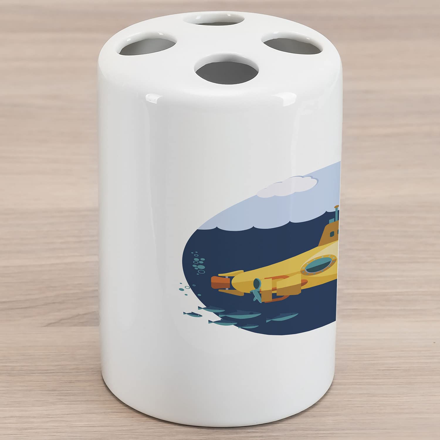 Ambesonne Yellow Submarine Ceramic Toothbrush Holder - Nautical Theme Bathroom Decor with Underwater Bubbles, Fish & Waves - 4.5
