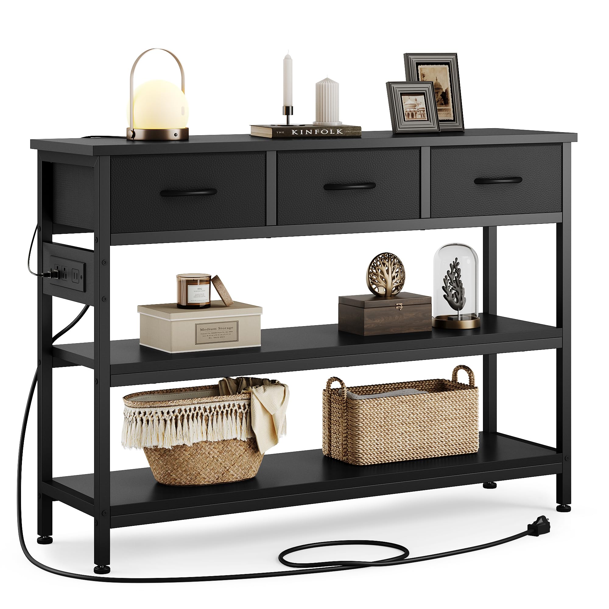 Lulive Modern Entryway Console Table with 3 Fabric Drawers & Built-in Power Outlets - Adjustable Height Sofa Table (43