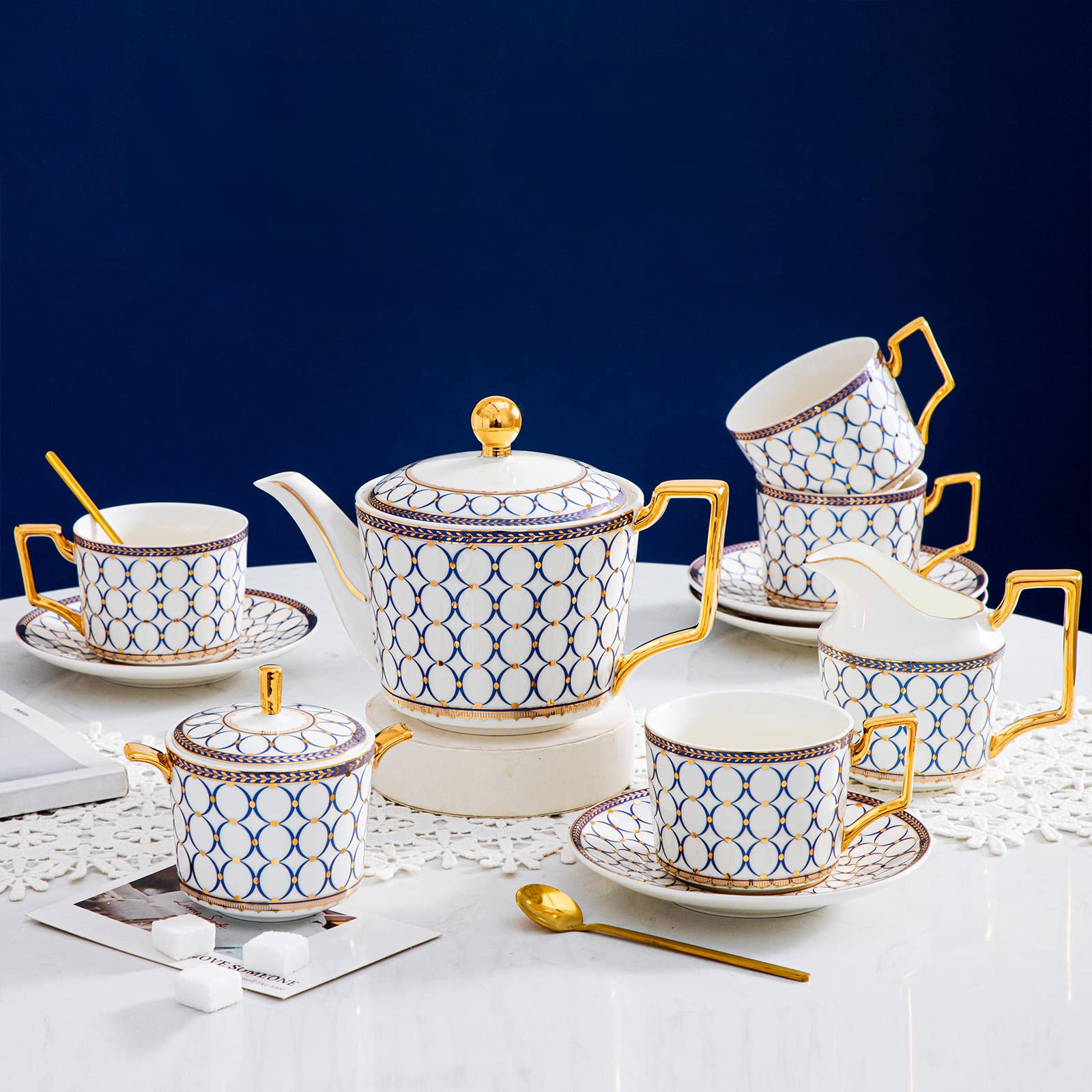 15-Piece Porcelain Tea Set for 4, Premium Bone China Coffee & Tea Service with Teapot, Sugar Bowl, Creamer Pitcher & Gift Box - Elegant British-Style Tea Cups & Saucers for Women & Adults - Perfect for Afternoon Tea, Bridal Showers & Hostess Gifts