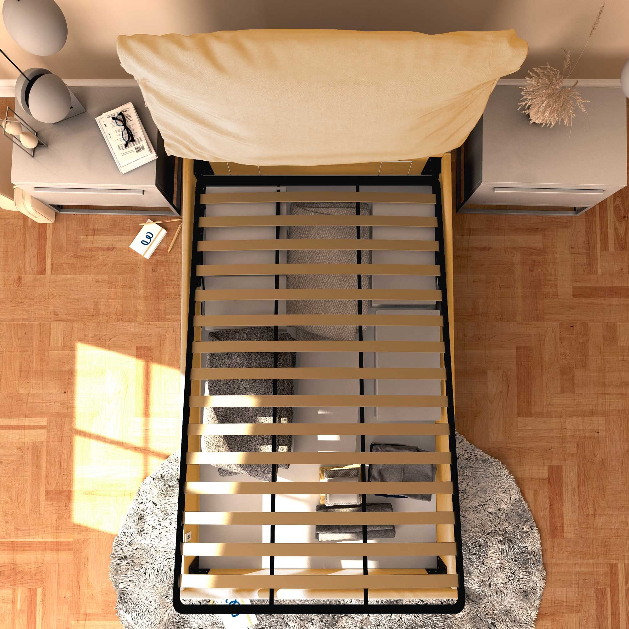Baldiflex Single Bed with Storage - Licia Soft Synthetic Leather Upholstery, Slatted Base for Single Mattresses, 120 x 200 cm, Padded Headboard, Beige Color | Perfect for Small Bedrooms, Guest Rooms & Studio Apartments