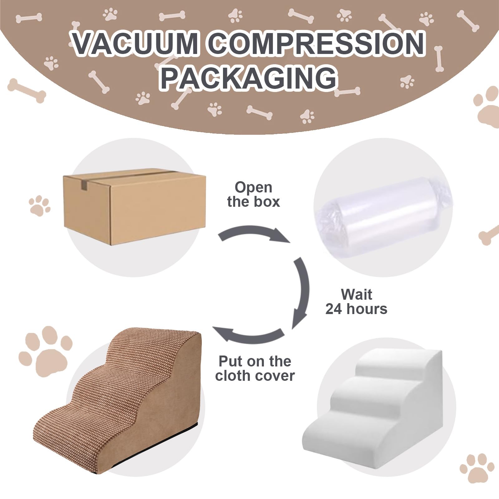 Ryoizen 3-Tier Non-Slip Dog Stairs for Small Dogs & Puppies - High Density Foam Pet Steps for High Beds & Couches - Perfect Dog Ladder with Bonus Lint Roller (Tan Brown) - Ideal for Elderly Pets, Injured Dogs & Home Use