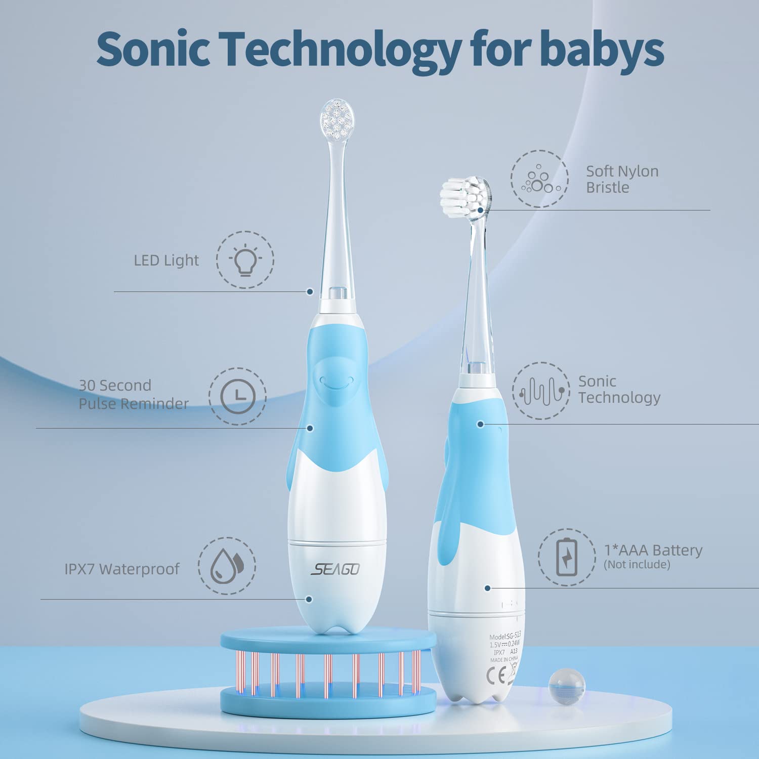 SEAGO Electric Toothbrush for Kids Ages 1-3 | Baby Toothbrush with LED Timer & Sonic Technology | 4 Replacement Brush Heads (Blue) | Gentle Cleaning for Toddler's First Teeth | Perfect for Bath Time & Morning Routines