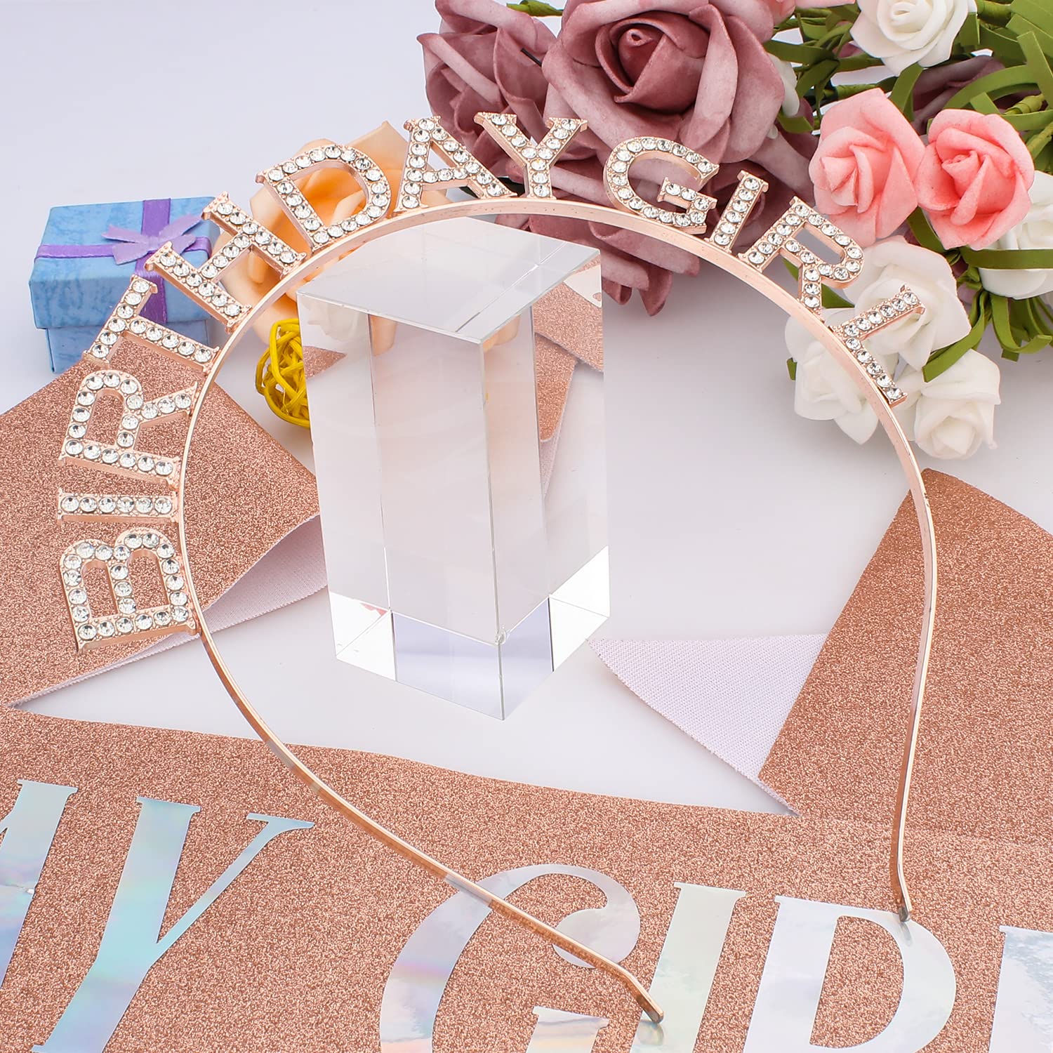Chanaco Birthday Girl Headband, Sash & Tiara Set - Rose Gold Birthday Crown for Women - Perfect for Birthday Parties, Bachelorette, Girls' Night Out & Special Celebrations