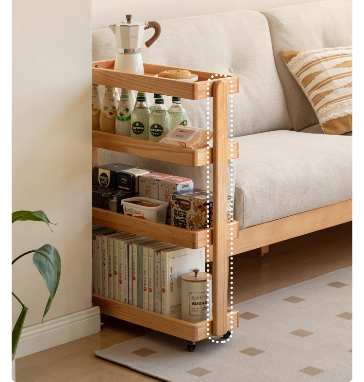 Oak Solid Wood Mobile Storage Rack Cart - Ultra Narrow Space-Saving Organizer for Kitchen, Bathroom, or Office Use
