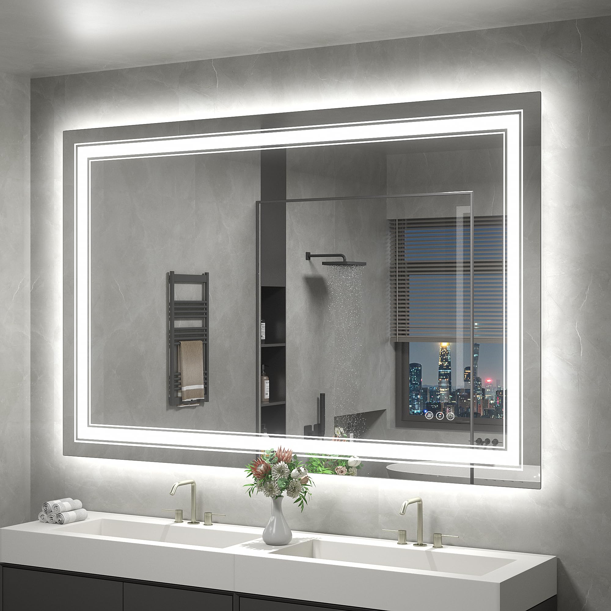 50x40 Inch LED Bathroom Mirror with Dimmable Backlit & Front Lights - Anti-Fog, Shatterproof, Memory Function (Horizontal/Vertical) - Perfect for Modern Bathrooms, Vanities and Makeup Areas
