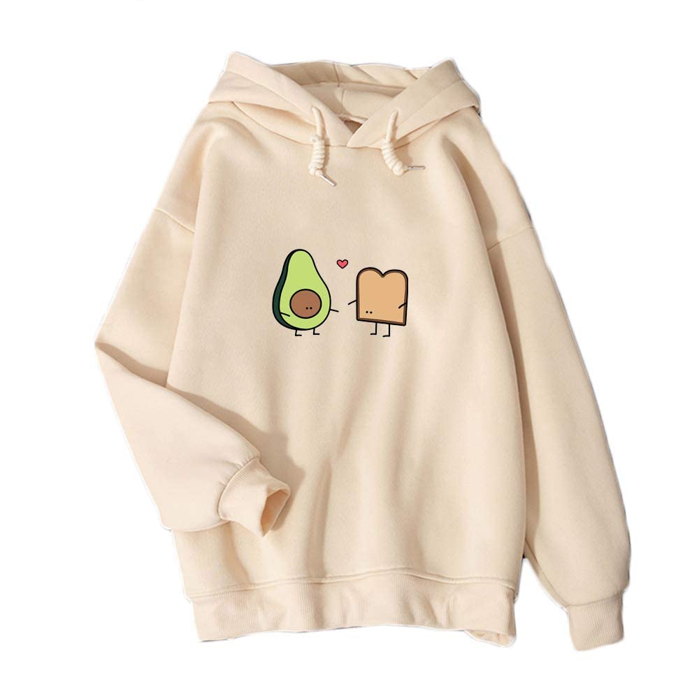 KEEVICI Women's Vegan Avocado Bread Print Hoodie - Cute Cartoon Pullover Sweatshirt for Casual Wear & Lounge