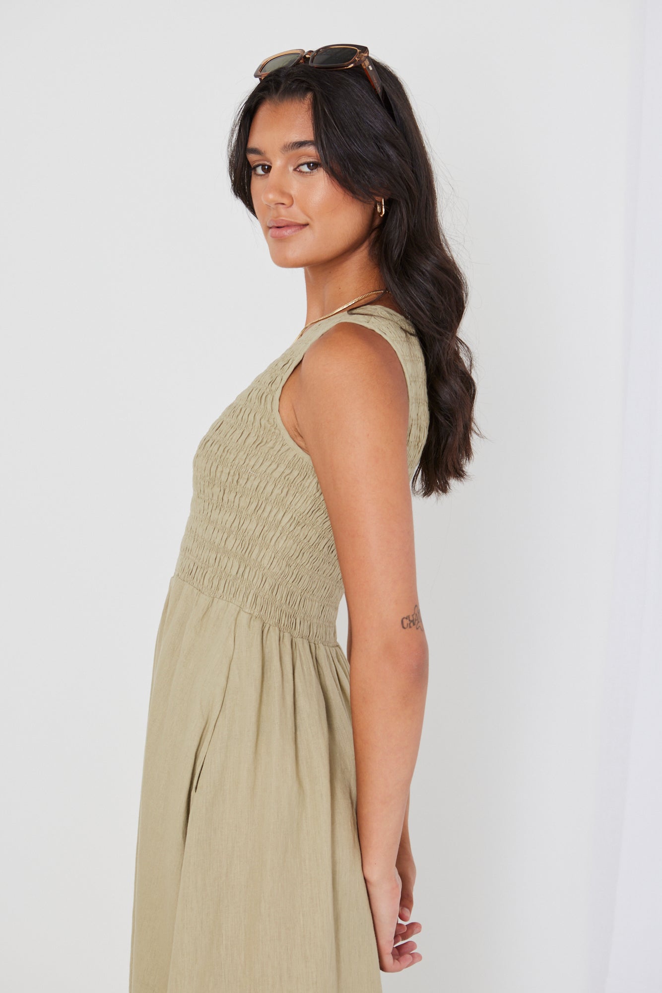 Bryar Light Khaki Linen Sleeveless Shirred Bodice Midi Dress for Women - Summer Beach Vacation & Casual Outfit