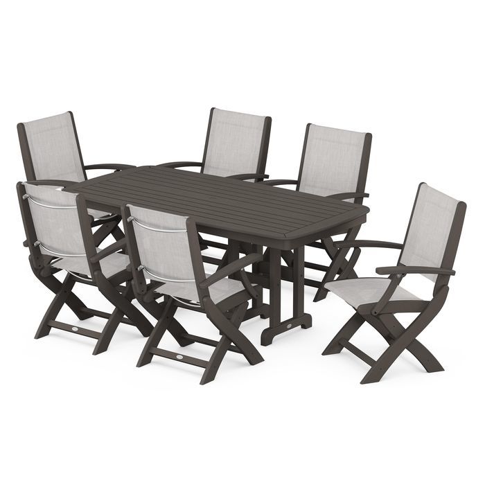 POLYWOOD Coastal Folding Arm Chair 7-Piece Outdoor Dining Set - Perfect for Patio, Deck, Poolside & Beachfront Entertaining