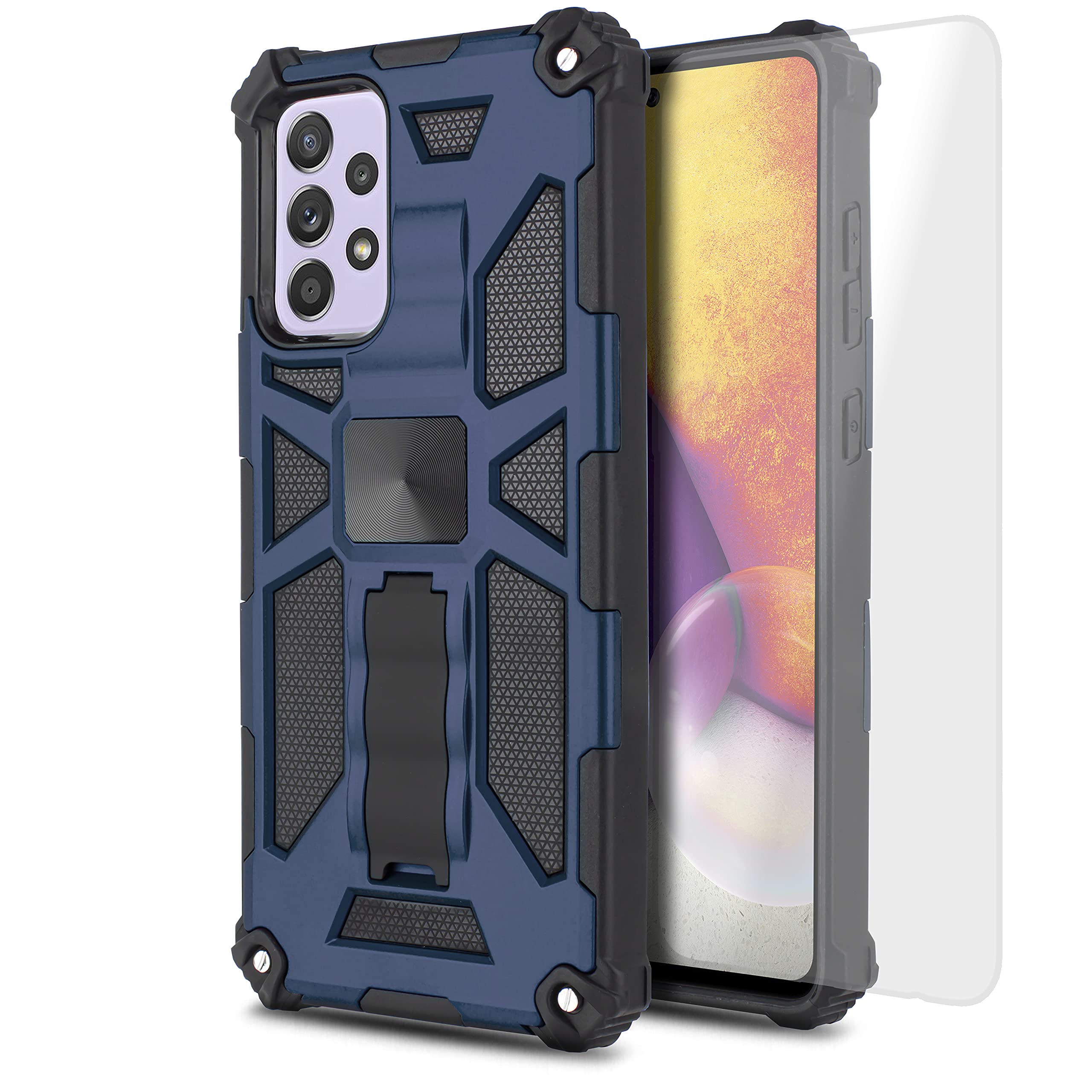 Samsung Galaxy A52 5G Case with Tempered Glass Screen Protector - Rugged Hybrid Magnetic Kickstand Shockproof Phone Cover (Blue) for Outdoor Sports & Daily Protection