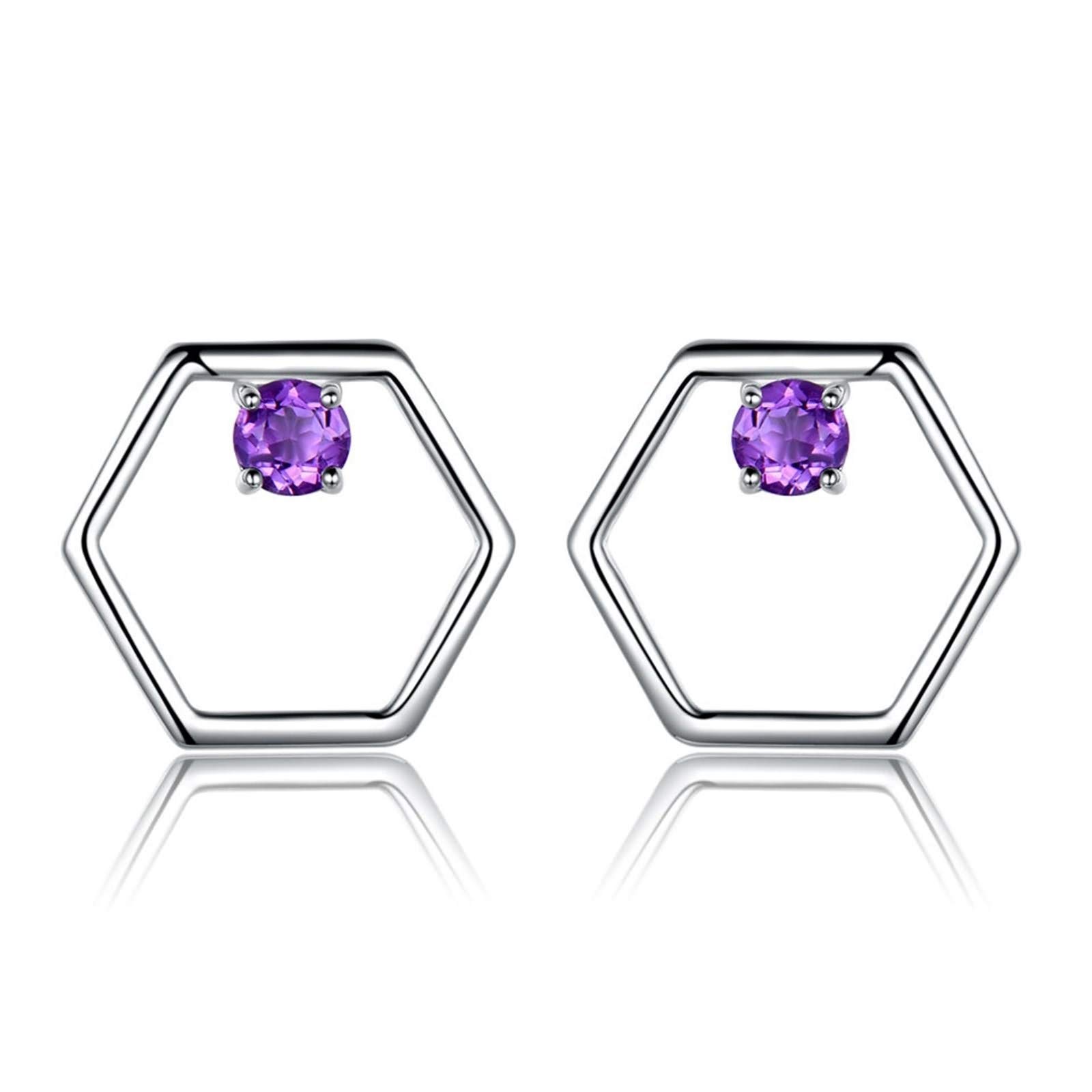 Skcess Sterling Silver Hexagon Stud Earrings with Natural Amethyst - Elegant Wedding Jewelry Gift for Women & Girls | Perfect for Bridal, Anniversary & Special Occasions