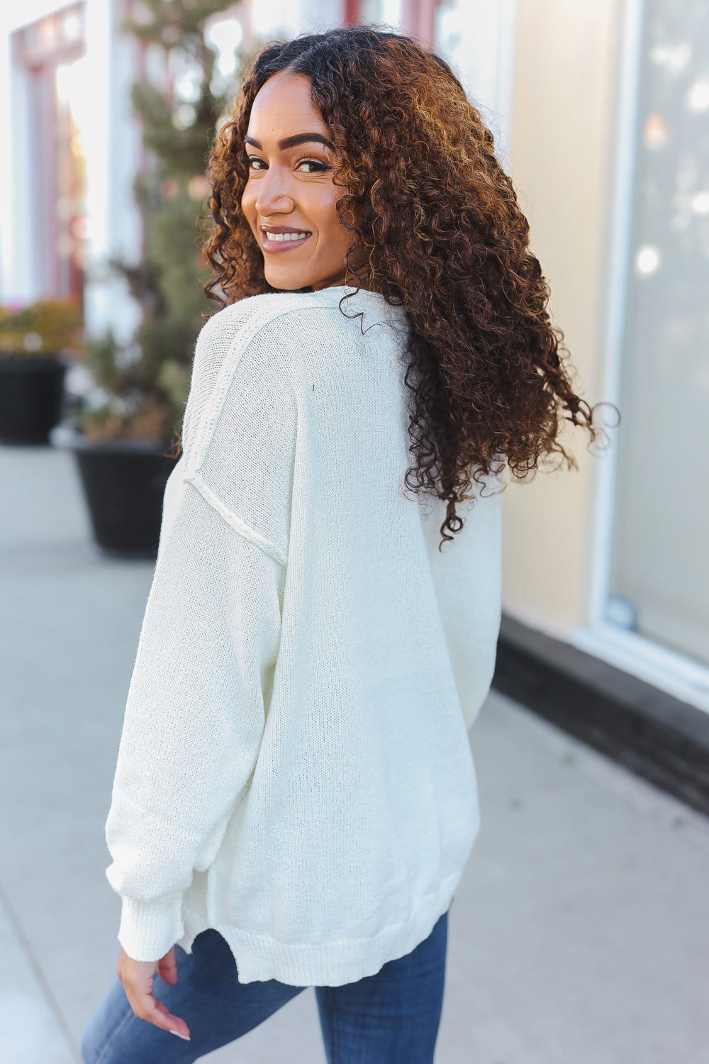 Ivory Oversized Notched Neck Patch Sweater for Women - Cozy Winter Pullover for Casual Outings & Layering
