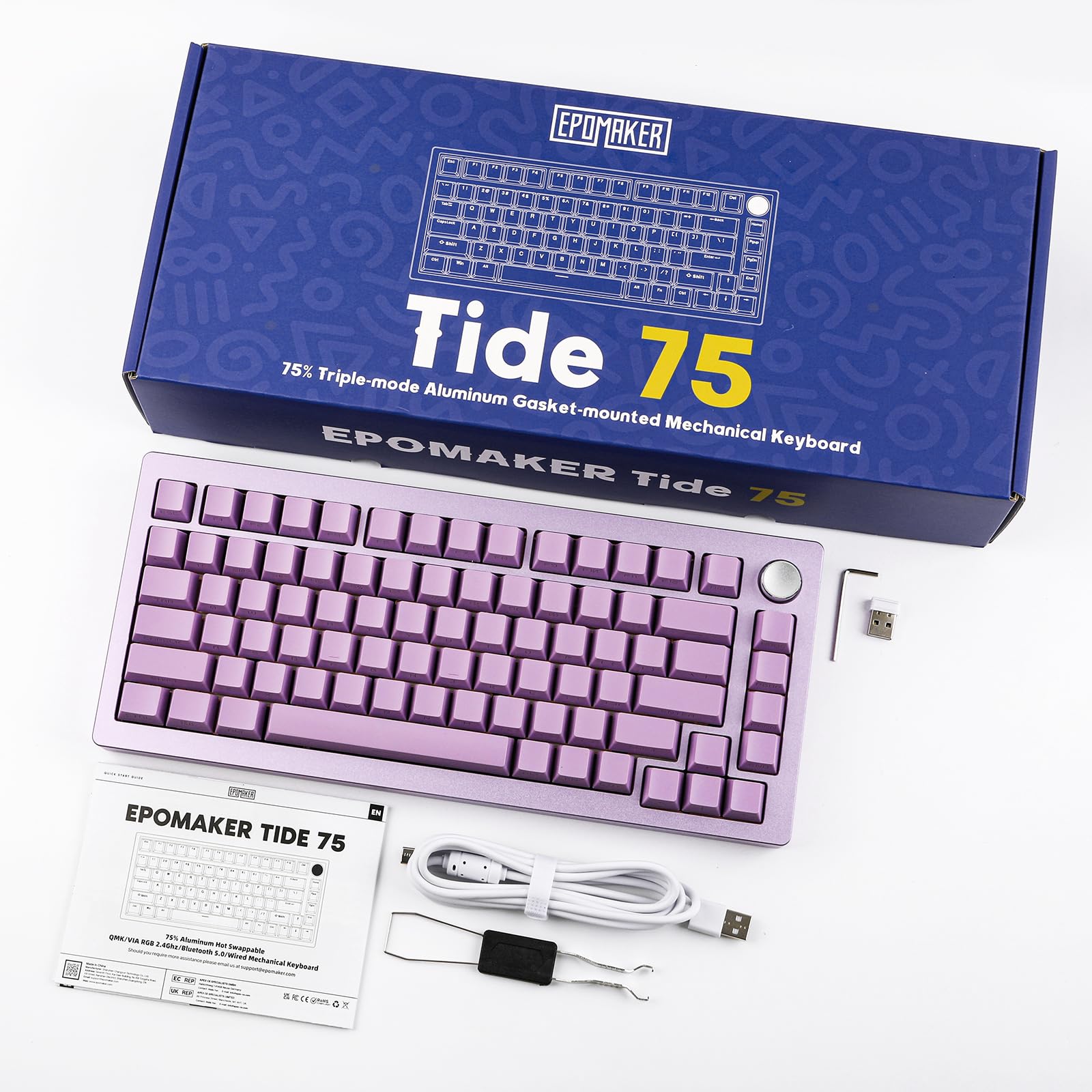 EPOMAKER Tide75 QMK/VIA Wireless Gaming Mechanical Keyboard - 75% Compact Aluminum Body, Hot-Swappable Lemon Switches, Bluetooth/2.4Ghz/USB-C Connectivity, Programmable FR4 Plate for Windows/Mac (Purple) - Perfect for Esports, Office Typing & Content Creation
