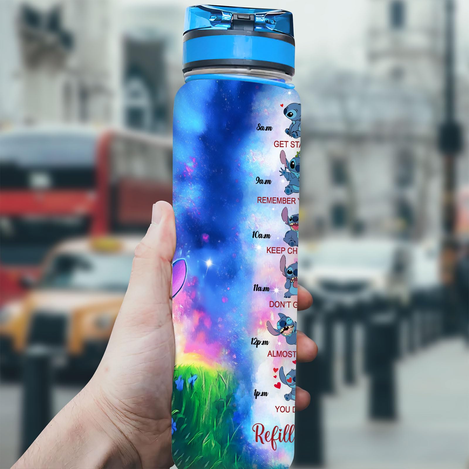 Blue Alien 32 Oz Insulated Water Bottle with Time Marker - Motivational Gift for Cartoon Lovers - Leakproof Stainless Steel Sports Bottle for Gym, Hiking & Outdoor Activities