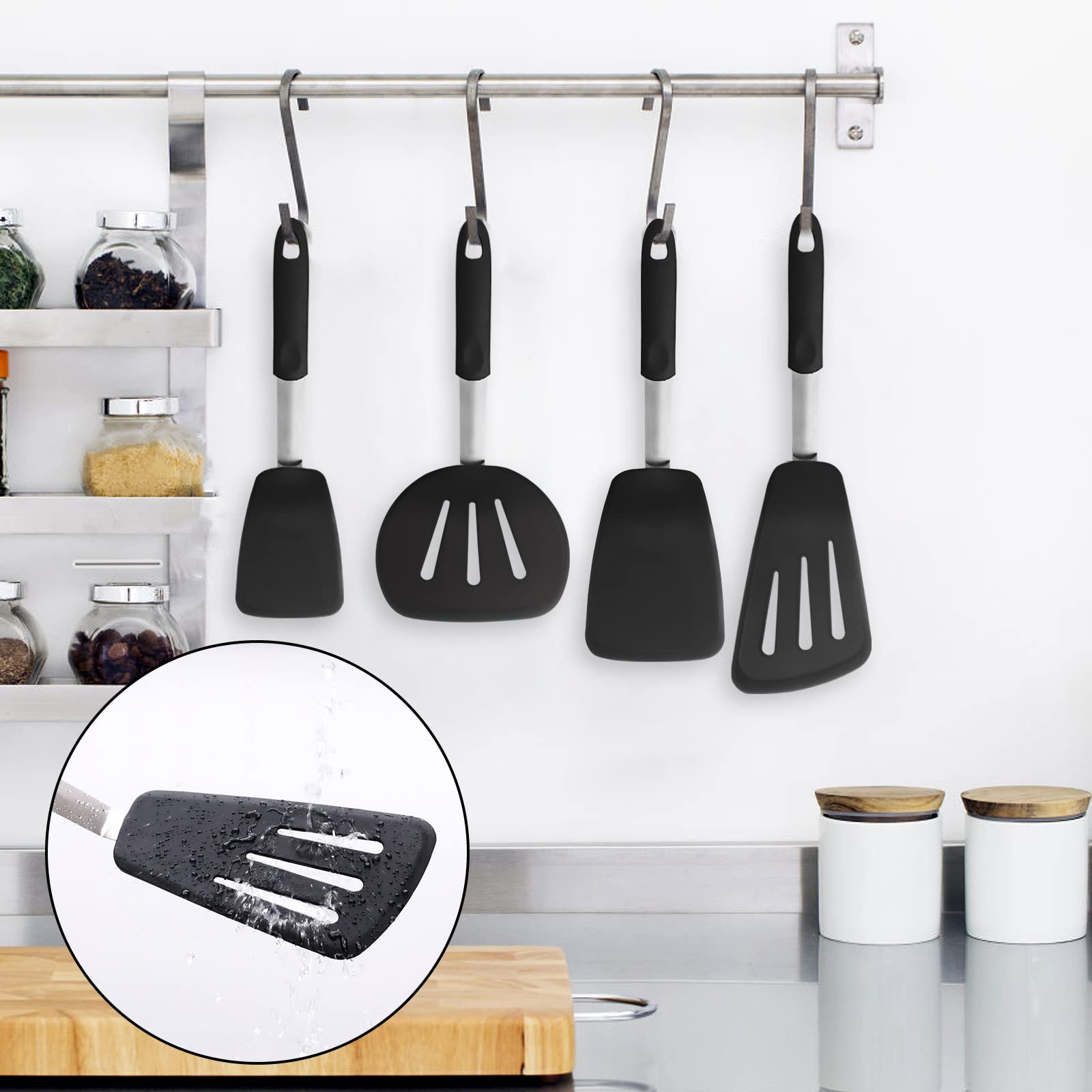 GEEKHOM 4-Piece Silicone Spatula Set - 600°F Heat Resistant, BPA-Free Kitchen Utensils for Nonstick Cookware, Flexible Turner for Pancakes, Eggs, Fish - Perfect for Flipping, Stirring & Serving (Black)