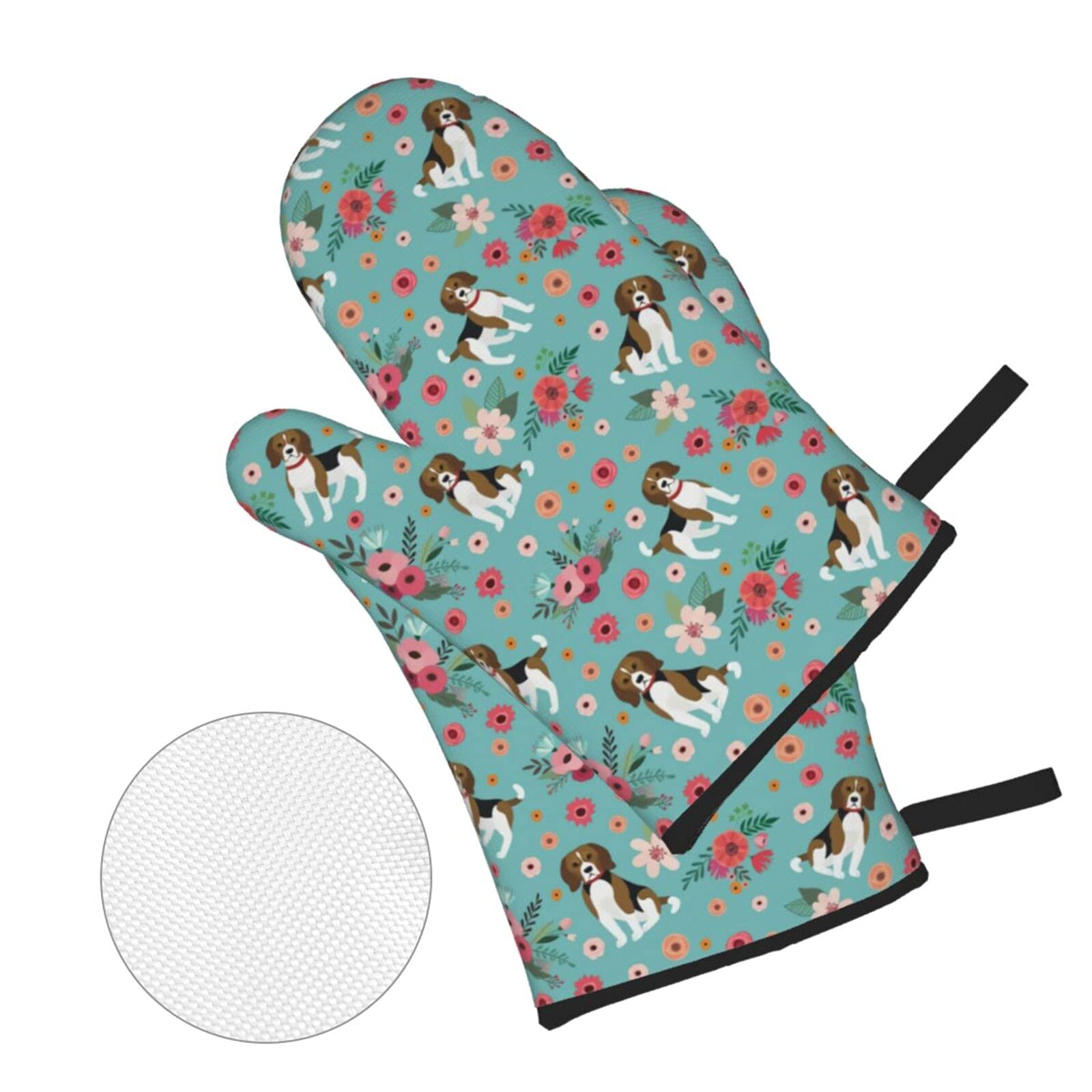 Heat Resistant Beagle 4-Piece Oven Mitts and Pot Holders Set - Non-Slip Kitchen Gloves with Cotton Lining for Cooking, Baking, BBQ & Grilling - Perfect for Home Kitchen, Outdoor Camping and Holiday Gift Giving