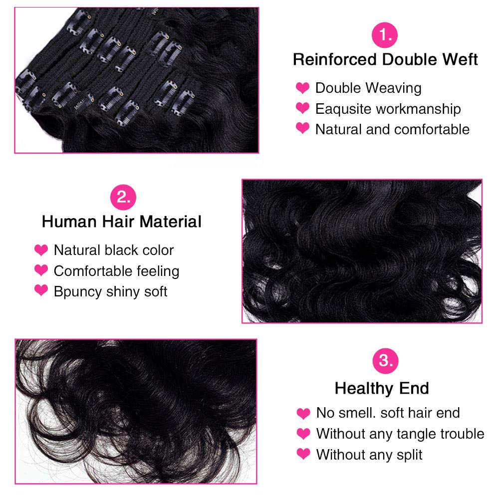 Body Wave Clip-In Hair Extensions for Black Women – 8-Piece Brazilian Virgin Human Hair Set (20 Inch, 120g, 18 Clips) – Natural Black Color for Full Head Styling – Perfect for Parties, Weddings & Everyday Glam