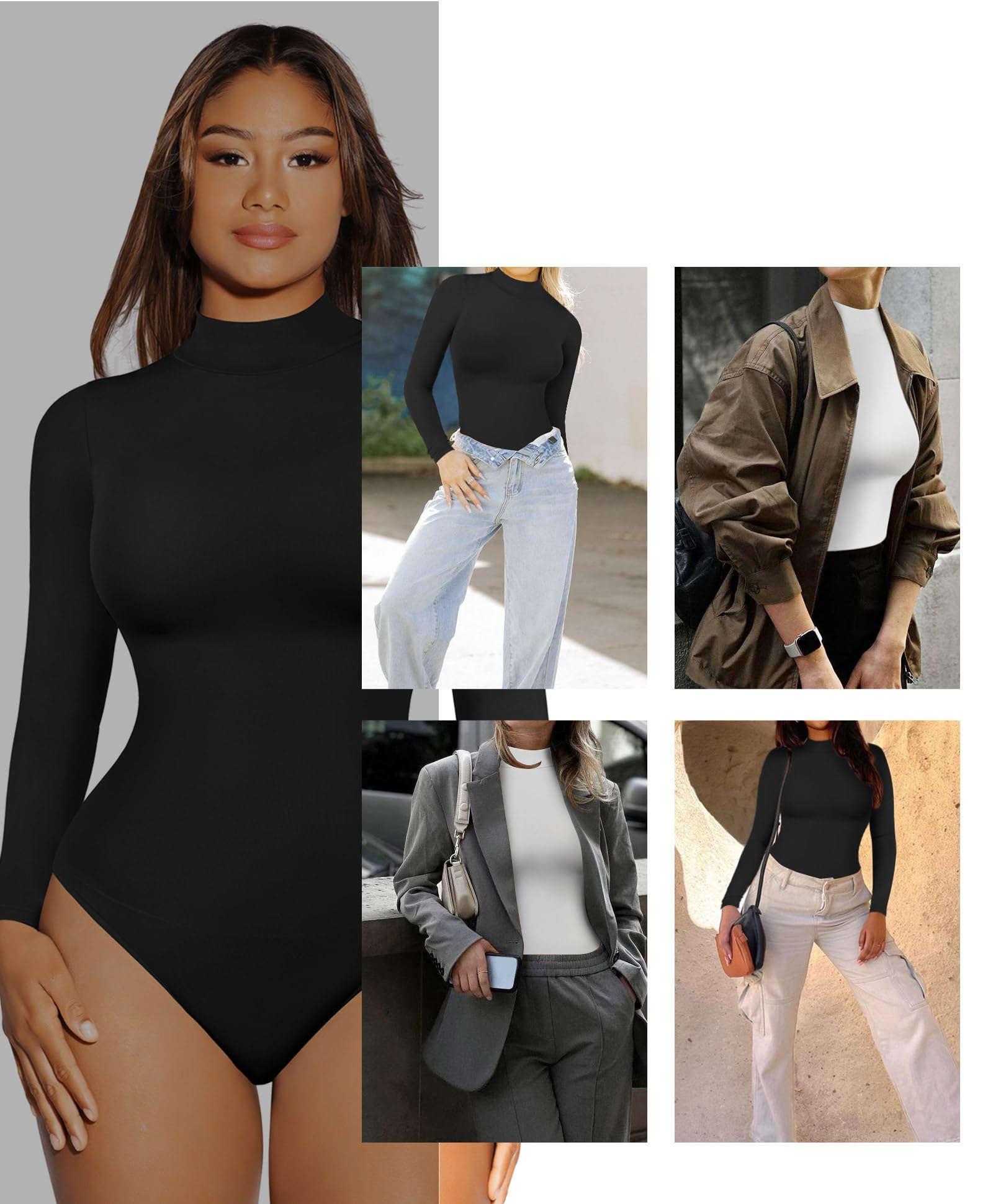 FeelinGirl Women's Seamless Long Sleeve Thong Bodysuit - Tummy Control Shapewear for Slimming & Smoothing - Perfect for Layering Under Dresses or Casual Outfits