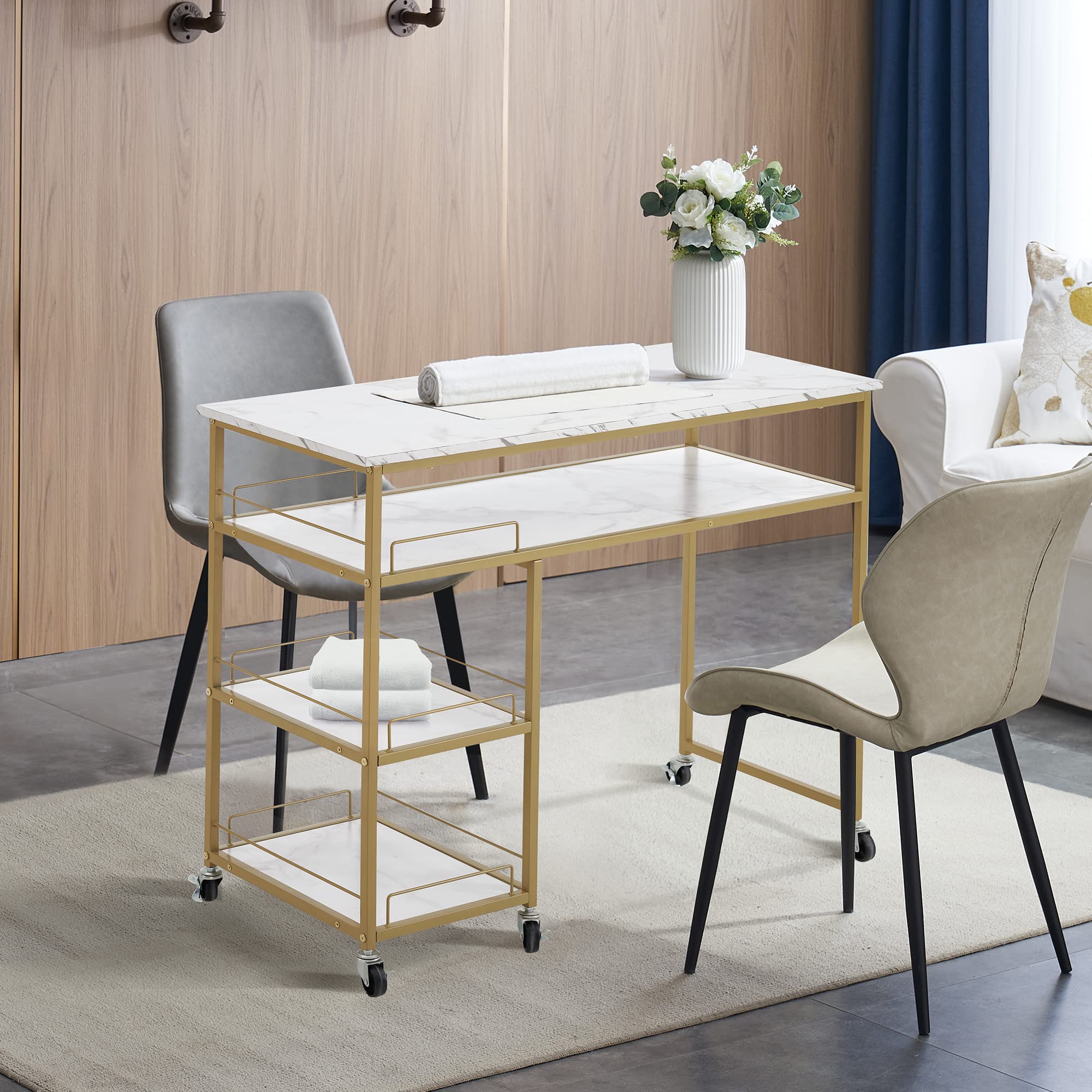 BarberPub Multifunctional Nail Table with Rolling Wheels - Portable Spa Beauty Manicure Desk & Modern Simple Makeup Station 2401 (White) - Perfect for Salon, Home Spa & Professional Nail Technicians