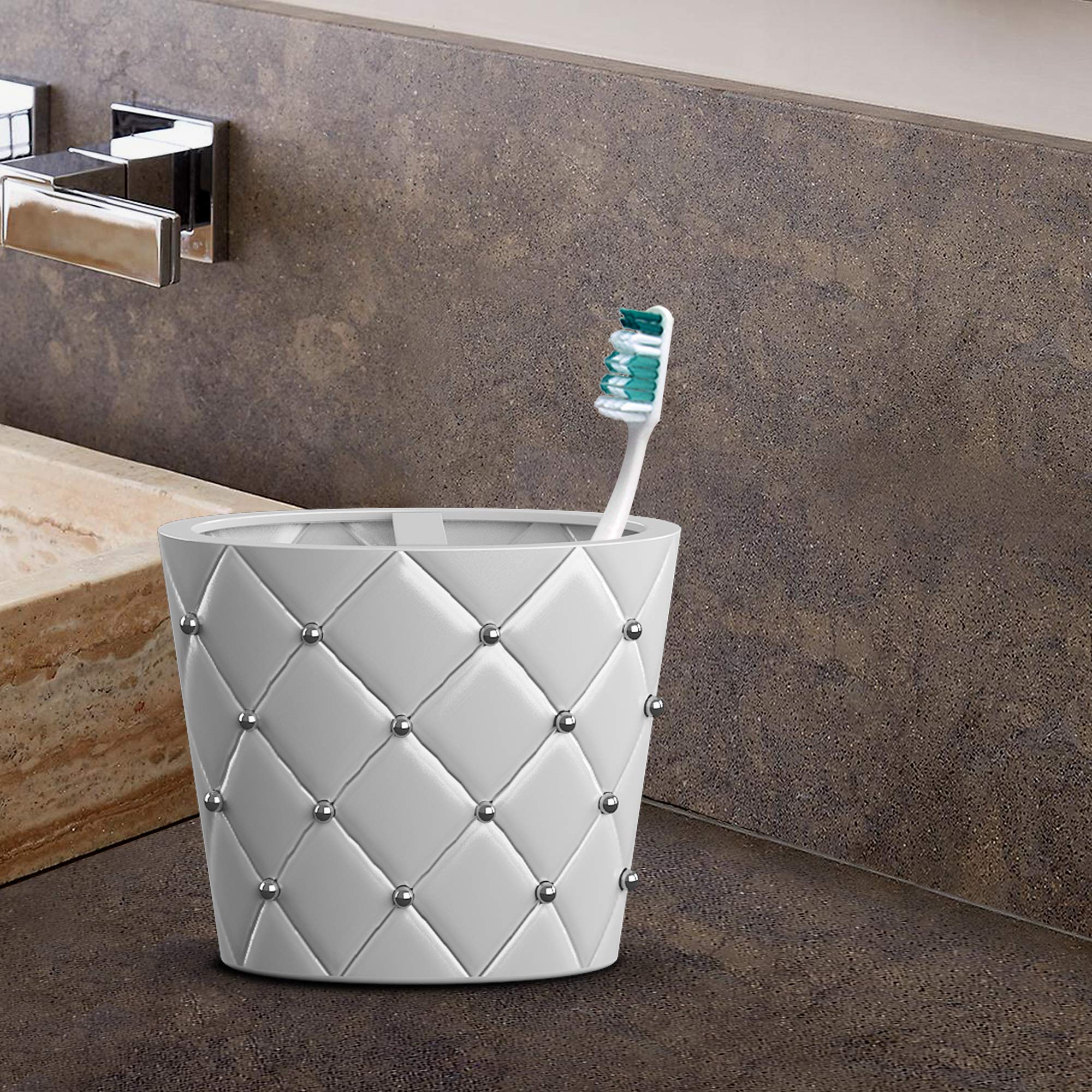 Premium 8-Piece Ceramic Bathroom Accessories Set - Elegant White/Silver Vanity Organizer with Soap Dispenser, Toothbrush Holder, Waste Basket & More | Perfect for Modern Bathrooms, Guest Suites & Spa-Style Decor