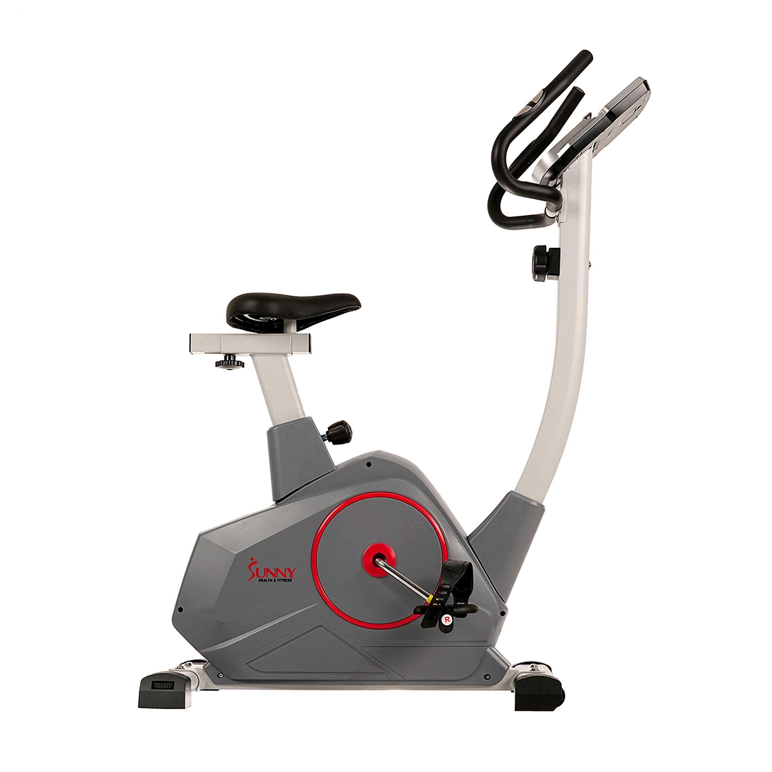 Sunny Health & Fitness Stationary Exercise Bike with Pulse Sensor, 4-Way Adjustable Seat & Bluetooth Connectivity - Home Cardio Workout Machine with Optional Resistance Bands & Free SunnyFit App - Perfect for Indoor Cycling, Weight Loss & Home Gym Training