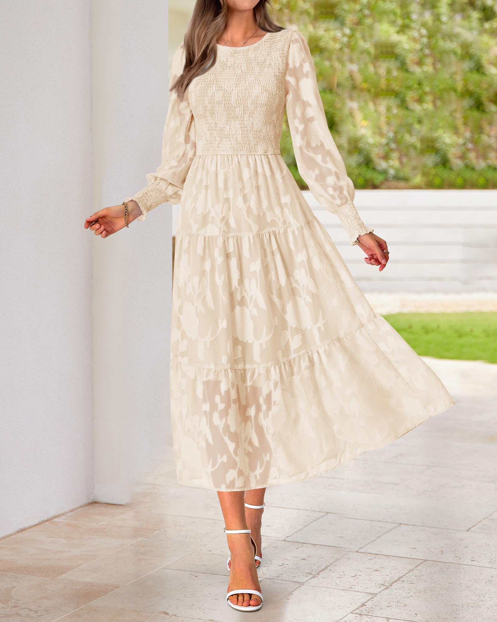 BTFBM Women's Elegant Floral Midi Dress Long Sleeve Bohemian Wedding Guest Dress - Perfect for Spring Weddings, Garden Parties & Casual Boho Outfits