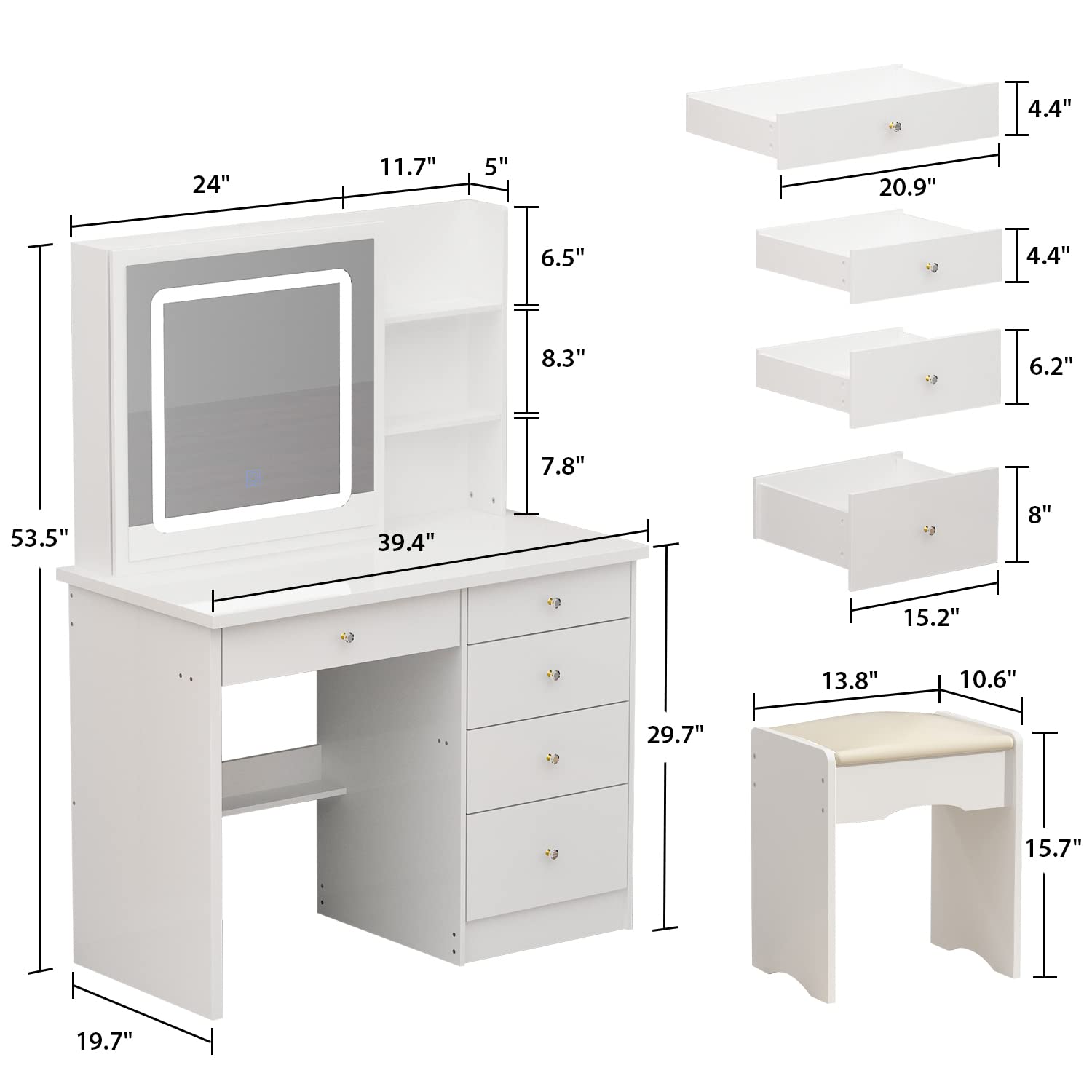 Large White Vanity Table Set with Lighted Mirror, 5 Drawers & Shelves - Makeup Dressing Desk with Cushioned Stool for Bedroom, Bathroom or Dorm Room Organization