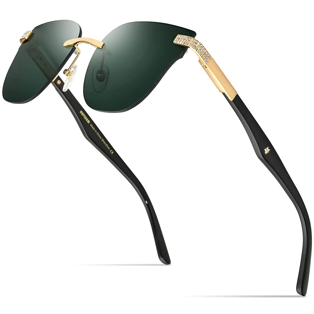 100% Real Buffalo Horn Handmade Square Rimless Sunglasses for Women - Luxury Diamond-Embellished UV Protection Shades for Beach, Driving & Outdoor Fashion