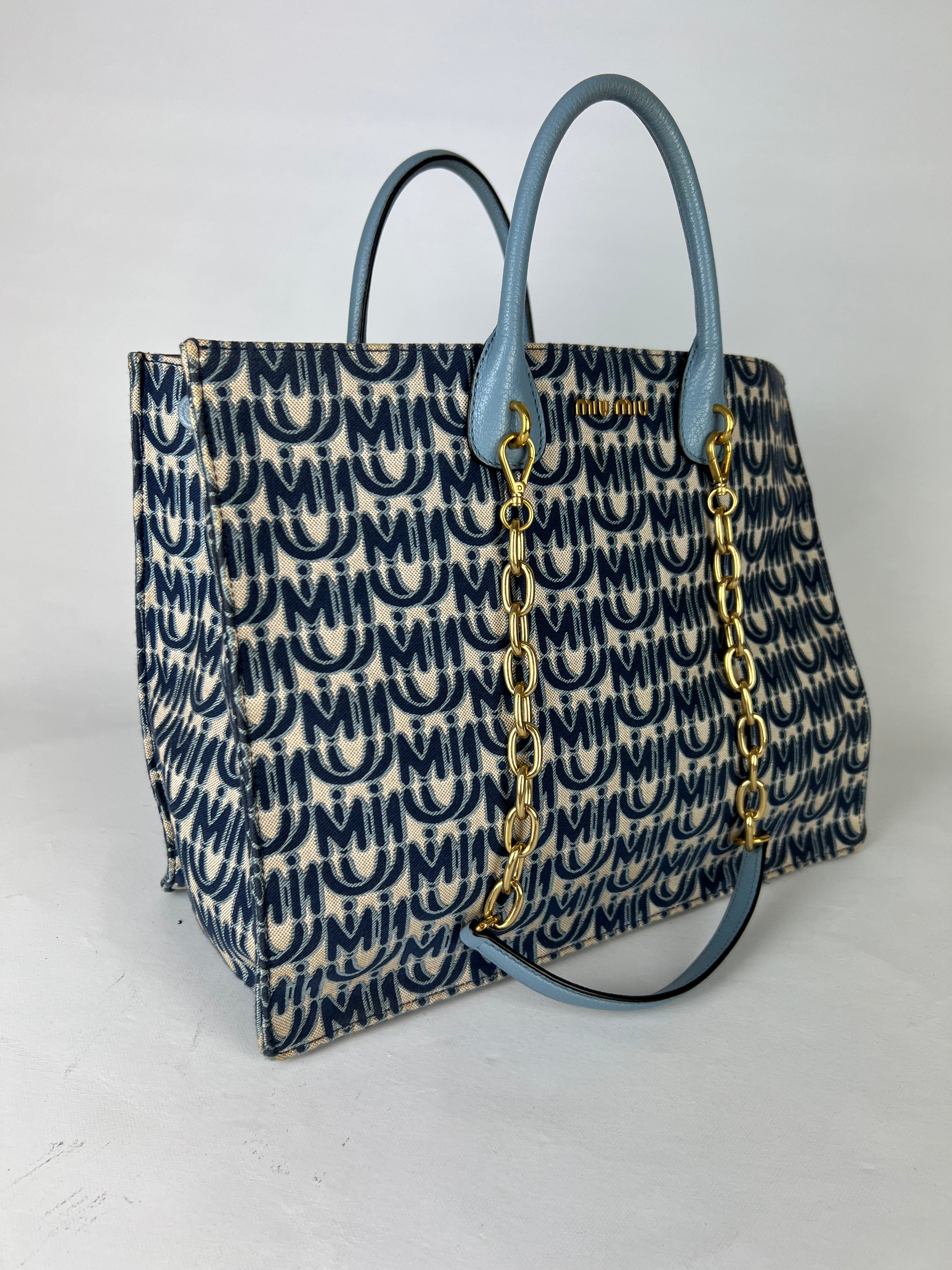Miu Miu Blue Canvas Tote Bag - Stylish & Spacious Designer Handbag for Women | Perfect for Work, Travel & Everyday Use