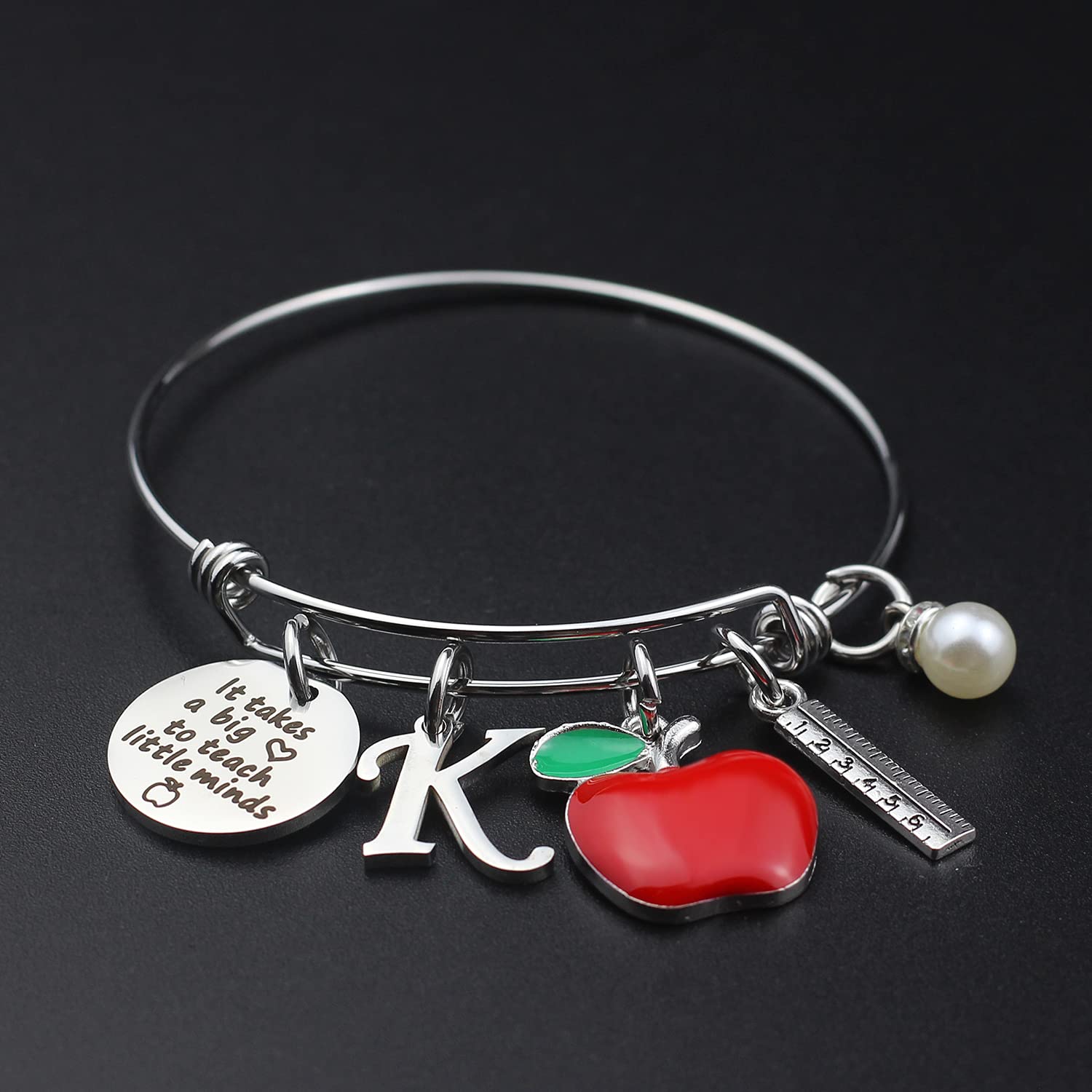 Scwasen Initial Teacher Bracelet for Women - Heart Shaped Teacher Appreciation Jewelry Gift with 'It Takes a Big Heart to Teach Little Minds' Engraving - Perfect Thank You Present for Teachers Day, Graduation, Retirement & Special Occasions