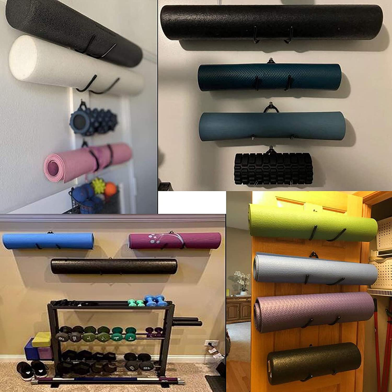 Wall Mount Yoga Mat Holder with Foam Roller & Towel Rack Hooks - Adjustable Exercise Mat Storage Shelf for Yoga Straps & Resistance Bands - Perfect for Home Gym & Fitness Class Organization (2 Pack, Holds Up to 20Lbs) - Ideal for Small Spaces & Clutter-Free Workout Areas