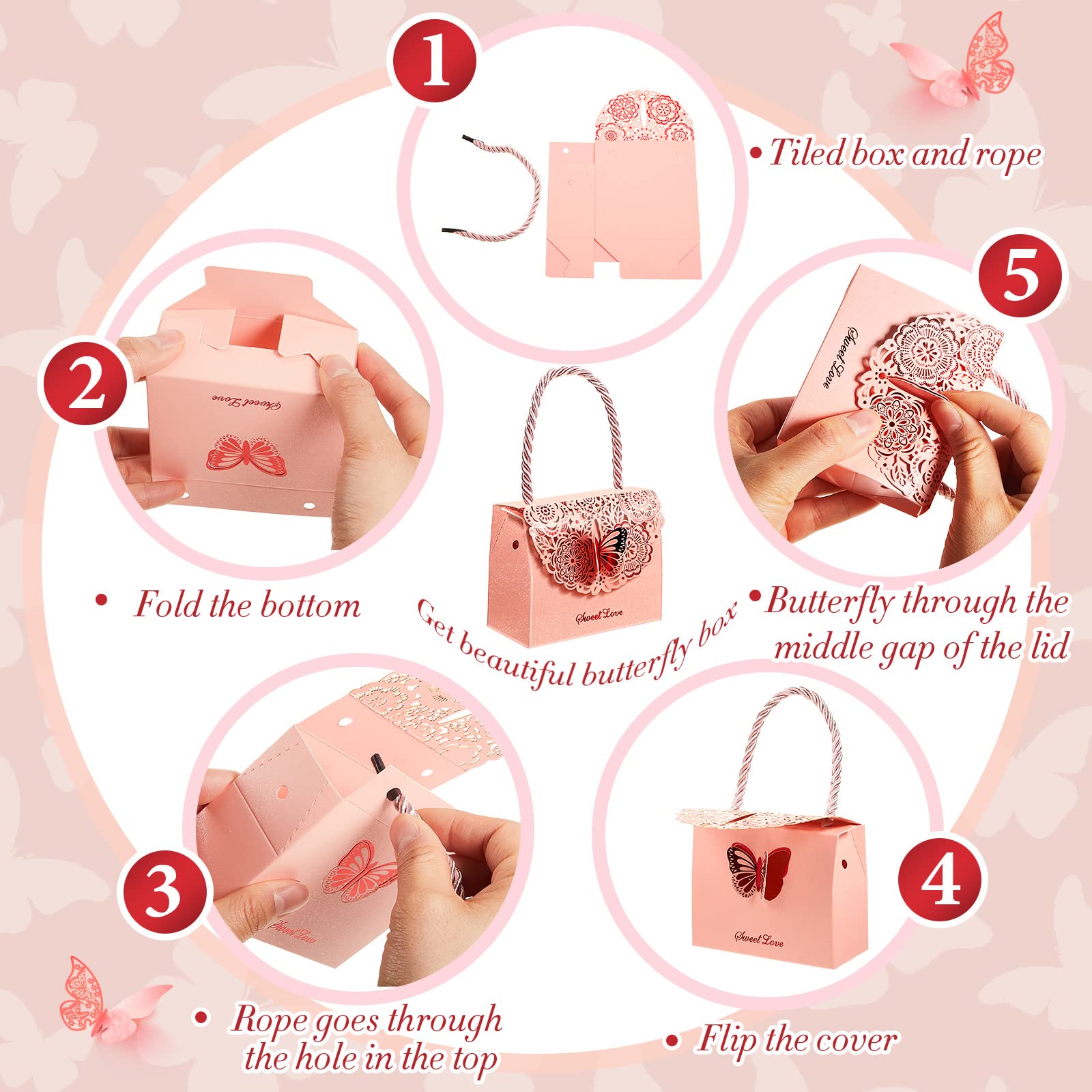 50 Pcs Pink Butterfly Party Favor Bags - Elegant Wedding, Birthday & Bridal Shower Treat Boxes for Candy & Small Gifts - Perfect for Baby Showers, Graduations & Special Events