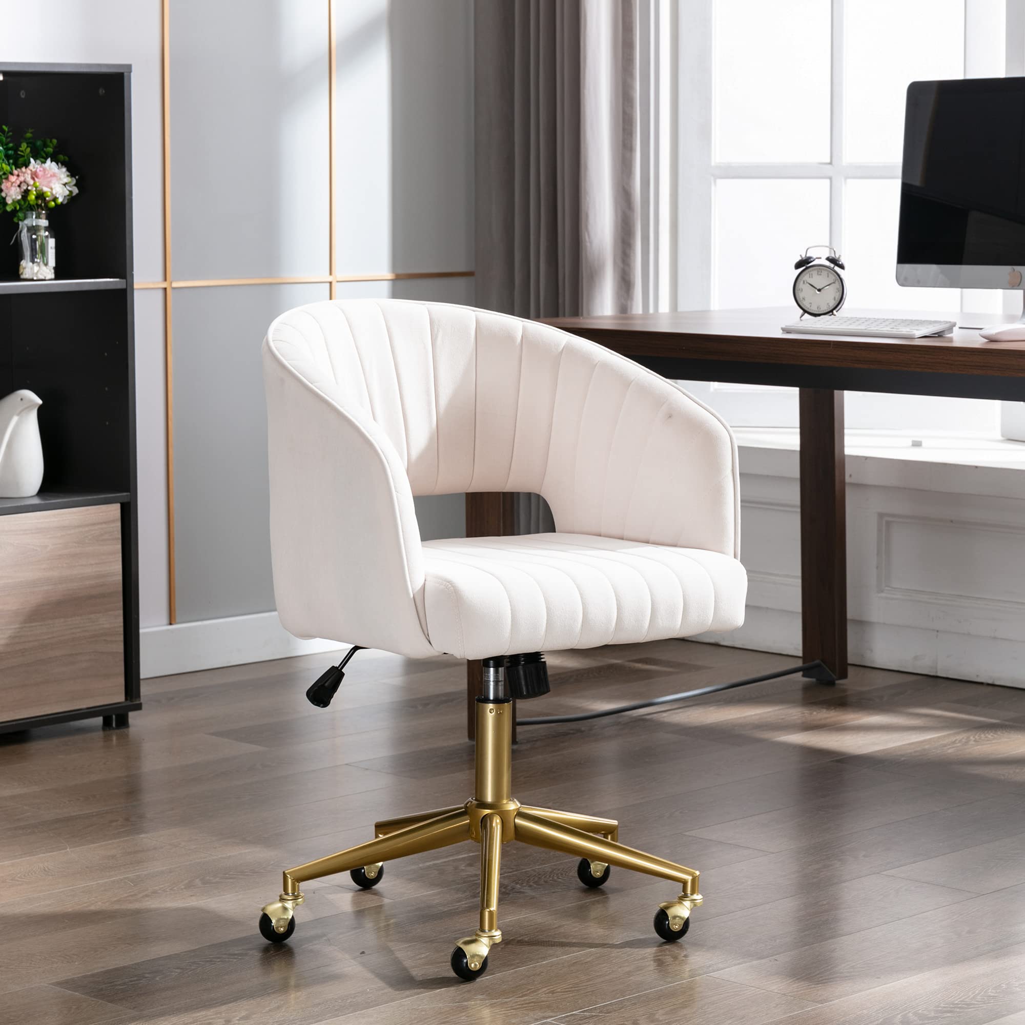 Velvet Ergonomic Office Chair - Adjustable Swivel Task Chair with Arms, Wheels & Metal Base - Comfortable Upholstered Computer Desk Chair for Home Office, Gaming & Makeup Station - Beige Velvet Decorative Chair (Perfect for Small Spaces & Work From Home)
