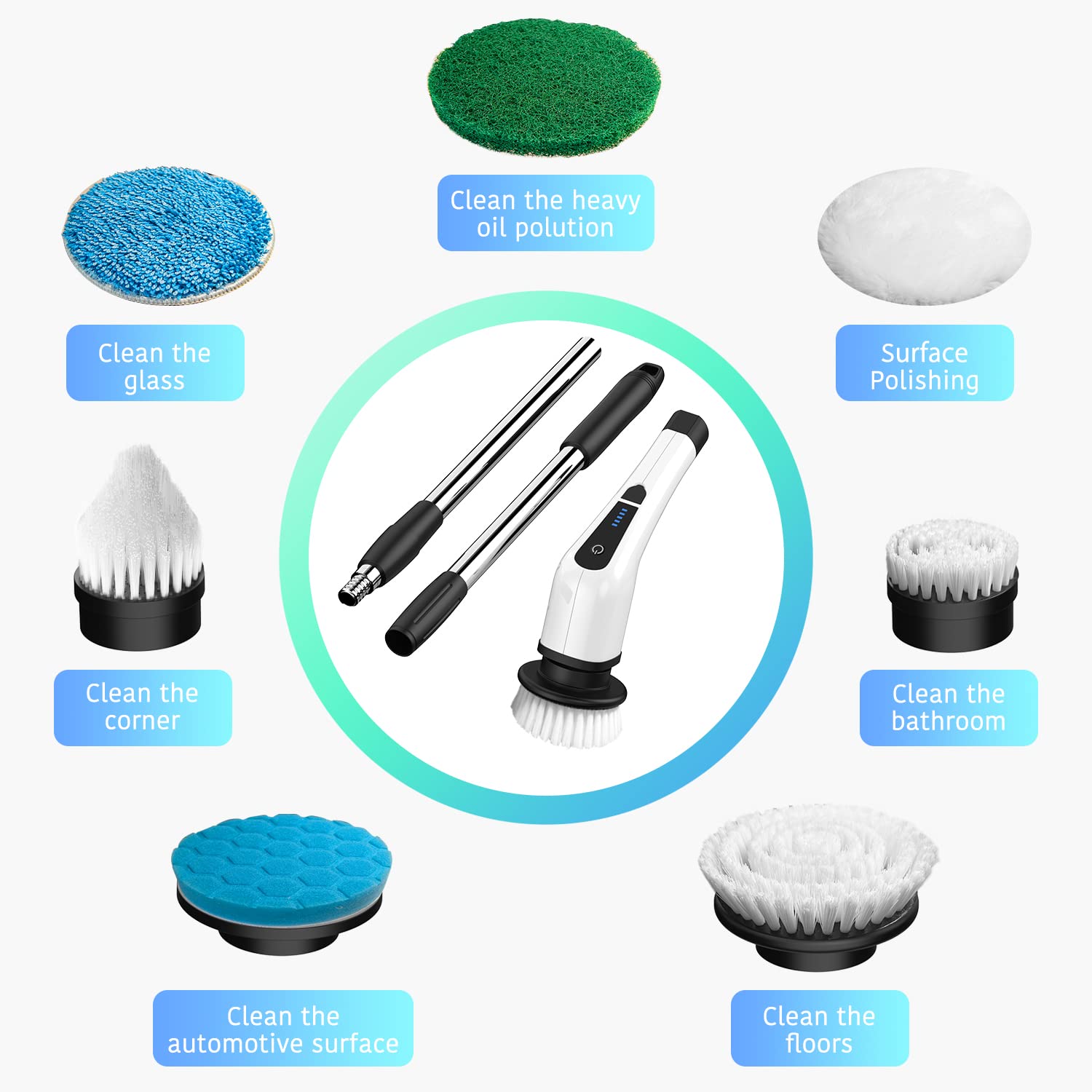 Electric Spin Scrubber - Upgraded Bathroom Cleaning Brush with 7 Replaceable Heads & Extendable Handle | Powerful Deep Cleaning for Tiles, Grout, Showers, Sinks, Floors & Car Interiors | Ideal for Home Kitchen Bathroom & Auto Detailing