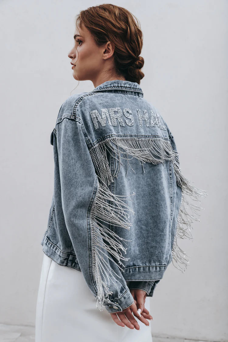 Sparkly Rhinestone Fringe Denim Jacket for Women - Stylish Party & Night Out Outfit - Perfect for Concerts, Clubs, and Special Events