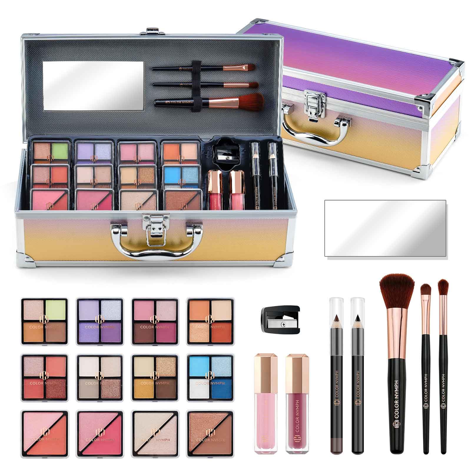 Color Nymph Starter Makeup Kit for Tweens & Teens - 32 Color Eyeshadow Palette with Bronzer, Contour Powder, Blush, Highlighter & Lip Gloss - Pink Train Case Cosmetic Set - Perfect for Birthday Gifts, Sleepovers & First Makeup Practice