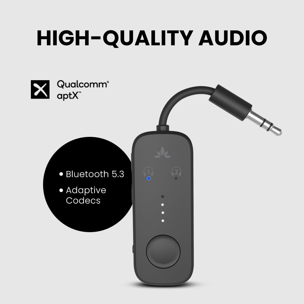 Avantree Relay - Premium Bluetooth 5.3 Airplane Audio Adapter, Wireless Transmitter for Dual AirPods/Headphones with aptX Adaptive & 3.5mm AUX - Perfect for In-Flight Entertainment, Travel, TV & Home Audio Systems