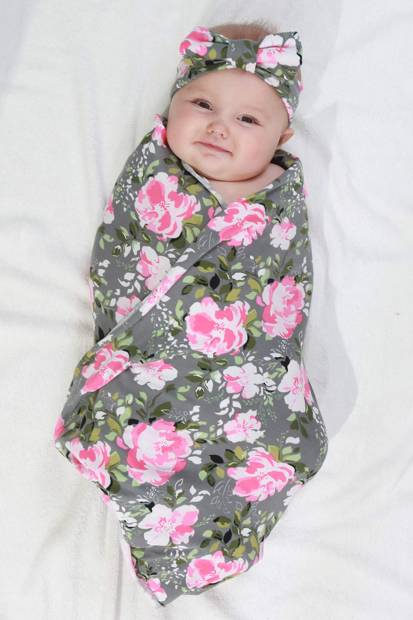 4 Pack Maternity Robe & Baby Swaddle Set with Hat Headband - Stretchy Knitted Nursing Dress with Pockets & Receiving Blanket for Mom & Newborn (Grey Floral) - Perfect for Hospital Delivery, Breastfeeding & Newborn Photography