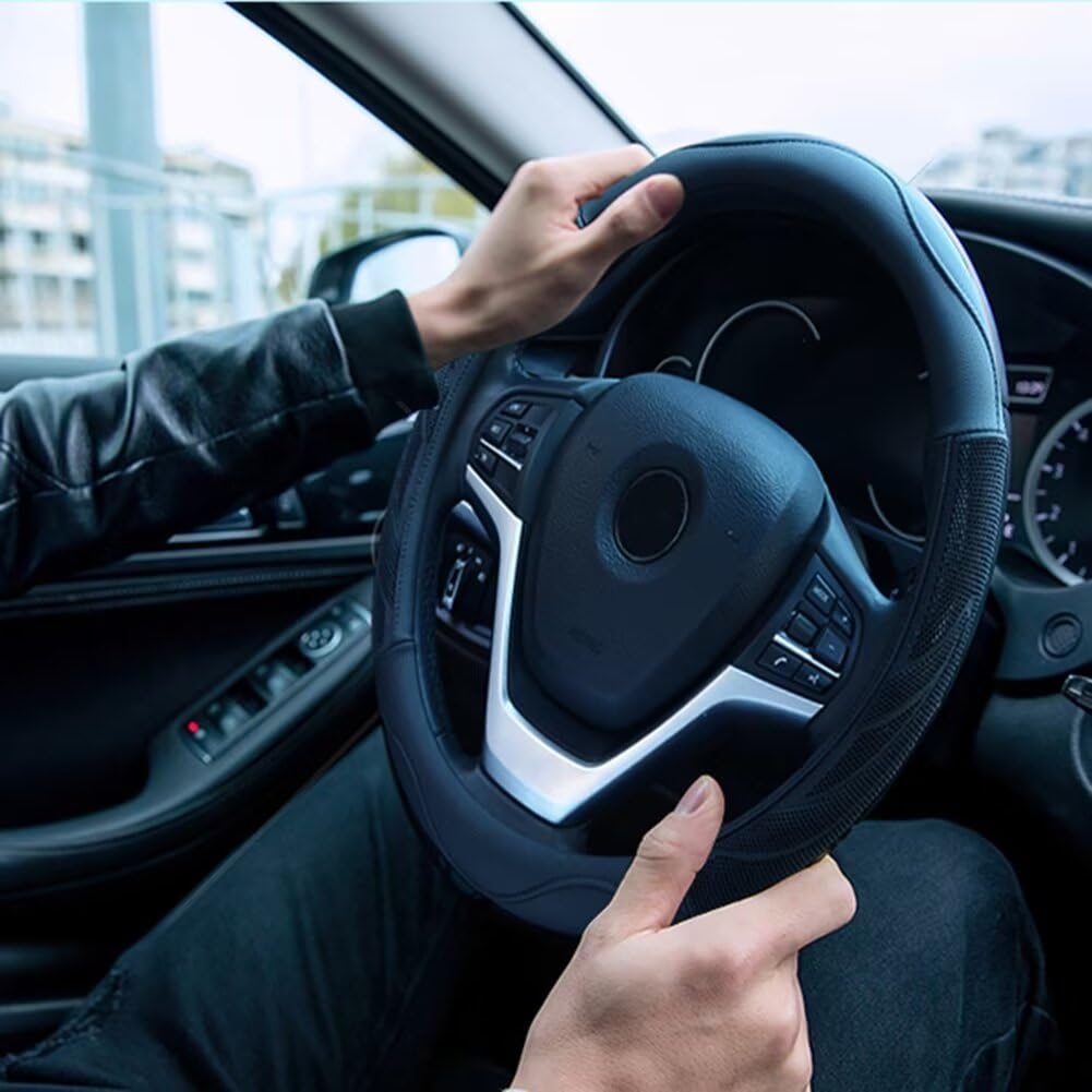 Breathable Auto Car Steering Wheel Cover - Microfiber Leather 15 Inch Black - Universal Fit for Men & Women - Comfortable Grip for Long Drives & Road Trips