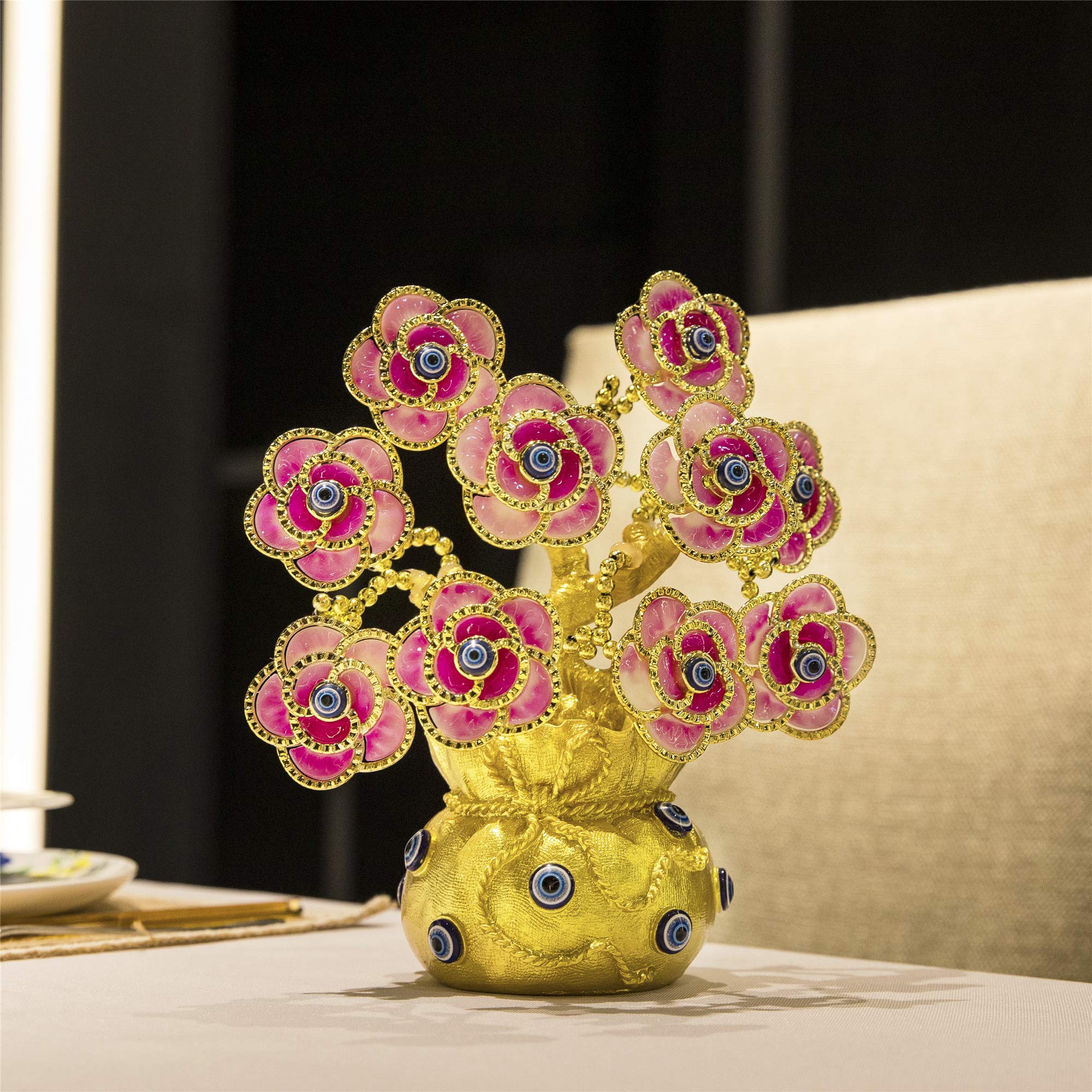 YU FENG Turkish Evil Eye Tree with Golden Lucky Bag - Artificial Plant in Vase for Home & Office Decor - Brings Good Luck, Wealth & Positive Energy | Perfect for Living Room, Bedroom, or Gift