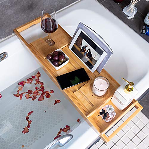 Premium Extendable Bathtub Caddy Tray - Luxury Bath Tray with Book Stand, Holds Wine Glass, Tablet, Phone & Candles (74.5x23x4.5cm) - Perfect Relaxation Gift for Spa Nights, Reading & Wine Baths