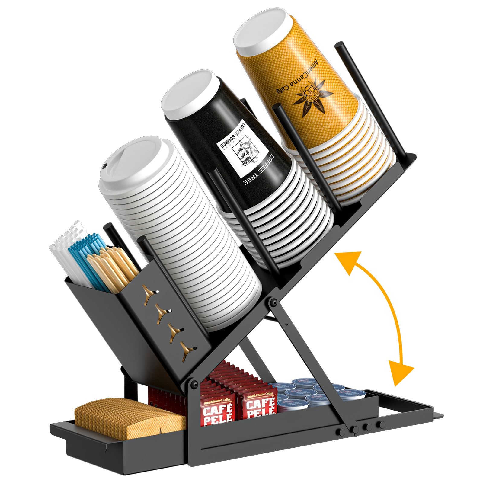 RCHYFEED Metal Coffee Cup and Lid Holder with Straw Organizer - Countertop Coffee Station Dispenser for Disposable Paper Cups, Plastic Cups & Lids - Perfect for Coffee Bars, Offices, and Home Kitchens