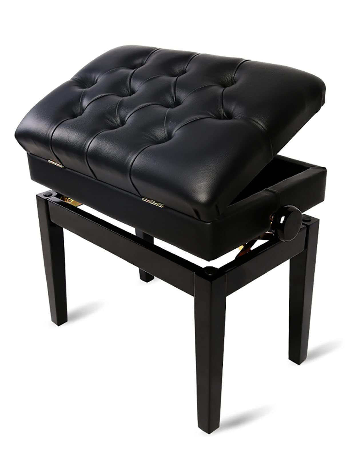 Adjustable Height Piano Bench with Soft Leather Cushion & Large Storage - Black Wooden Piano Stool for Home, Studio & Music Practice