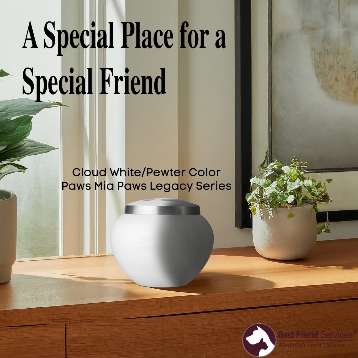 Hand Carved Mia Series Pet Urn for Dogs and Cats - Memorial Cremation Urn for Ashes up to 25 lbs, Cloud White with Pewter Paw Design, Perfect for Home Display or Memorial Ceremonies