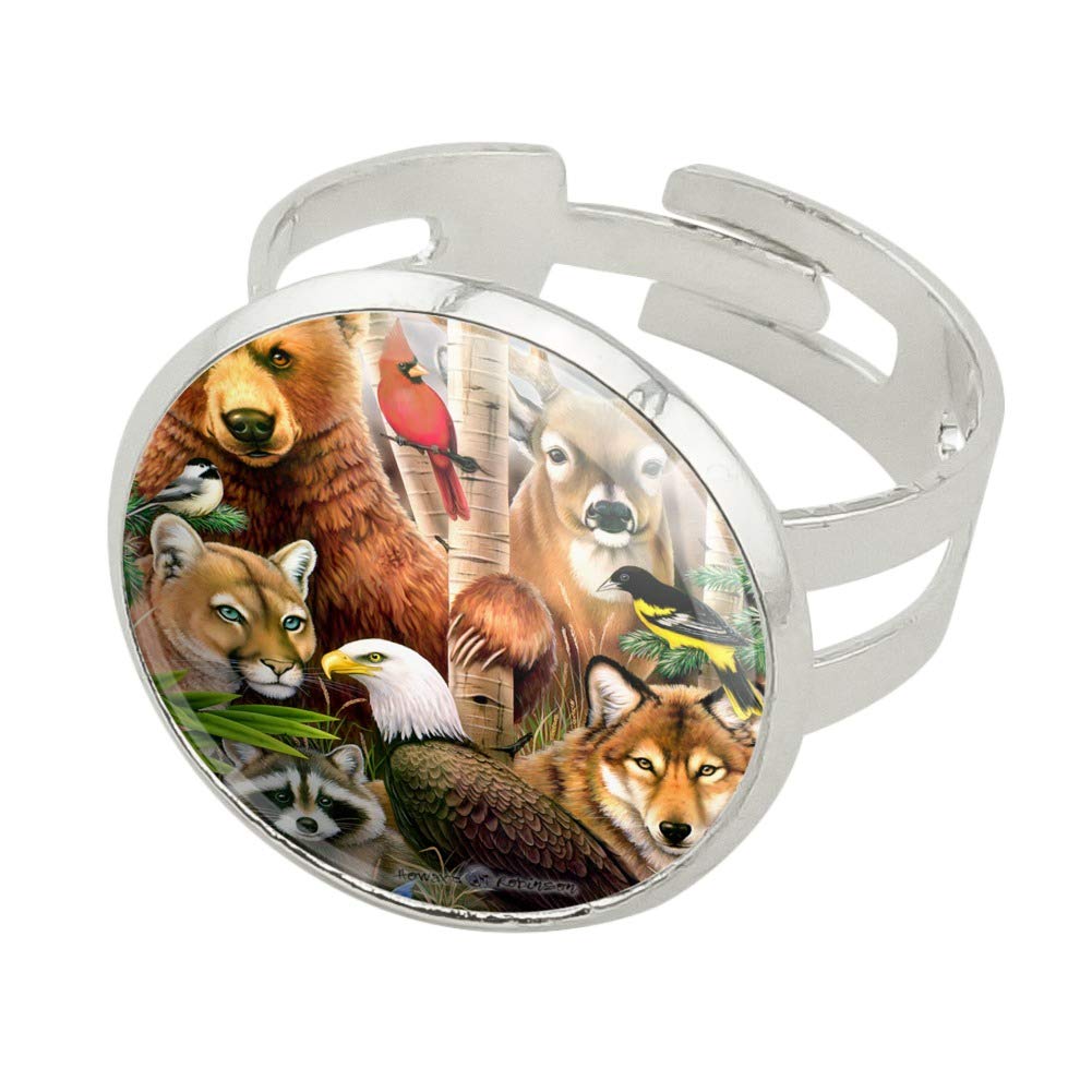 Bear Eagle Cougar Wolf Raccoon Deer Animal Silver Plated Adjustable Novelty Rings for Men & Women - Perfect for Outdoor Enthusiasts, Nature Lovers & Fashion Accessories