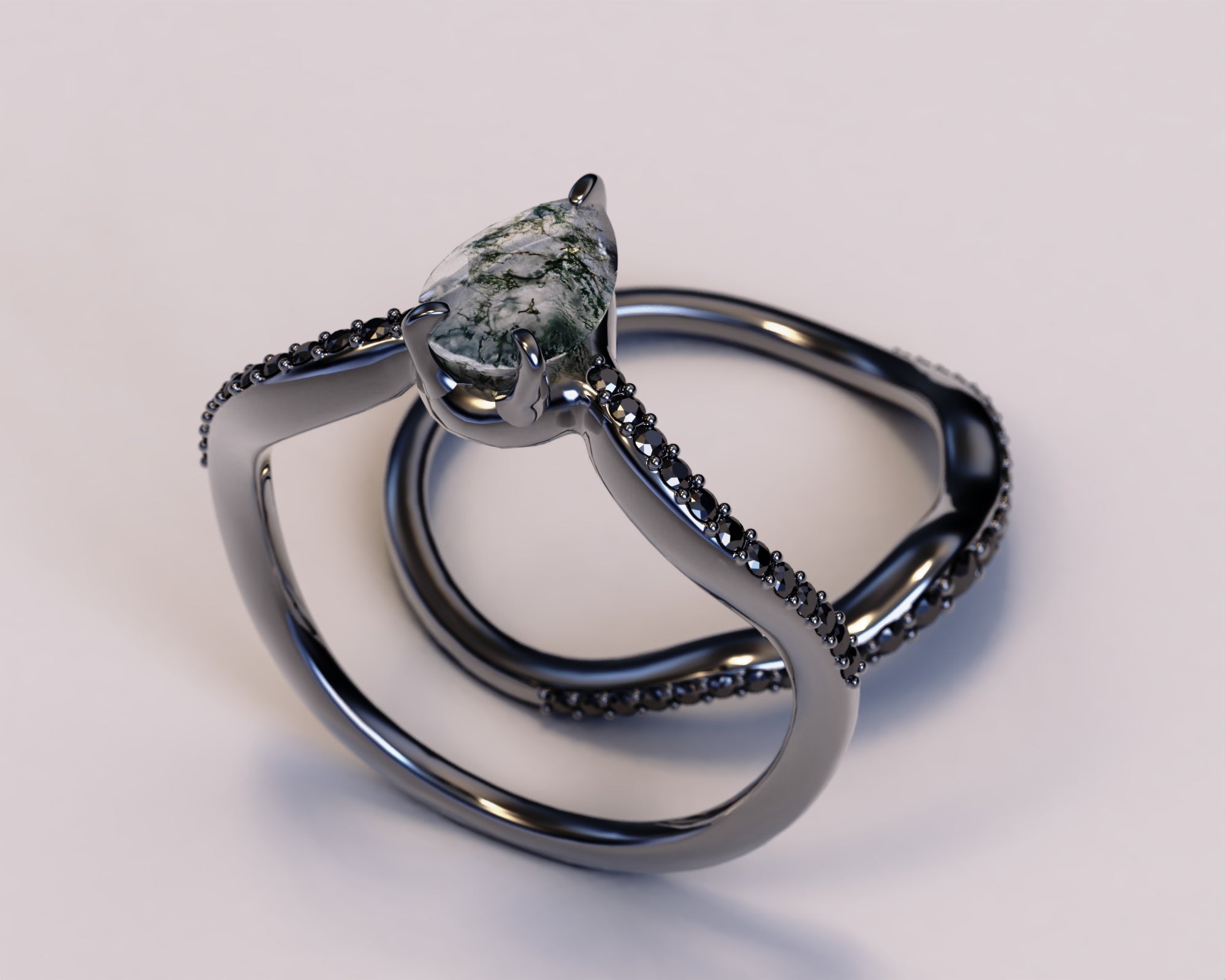 Art Deco Style Moss Agate Teardrop Ring with Black Diamonds - Elegant Vintage Jewelry for Women, Perfect for Weddings, Parties & Special Occasions