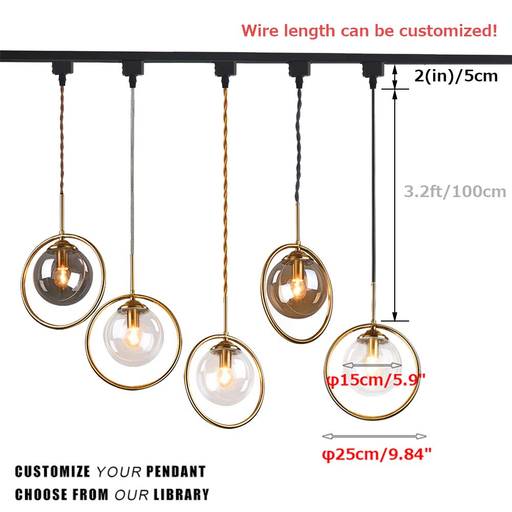Juno Track Pendant Light with 3.2 ft Cord - Nordic Style Modern Dimmable Lantern Ring Glass Fixture (Bulbs Not Included) in Copper & Brown Glass - Perfect for Kitchen Island, Dining Room, and Bedroom Lighting