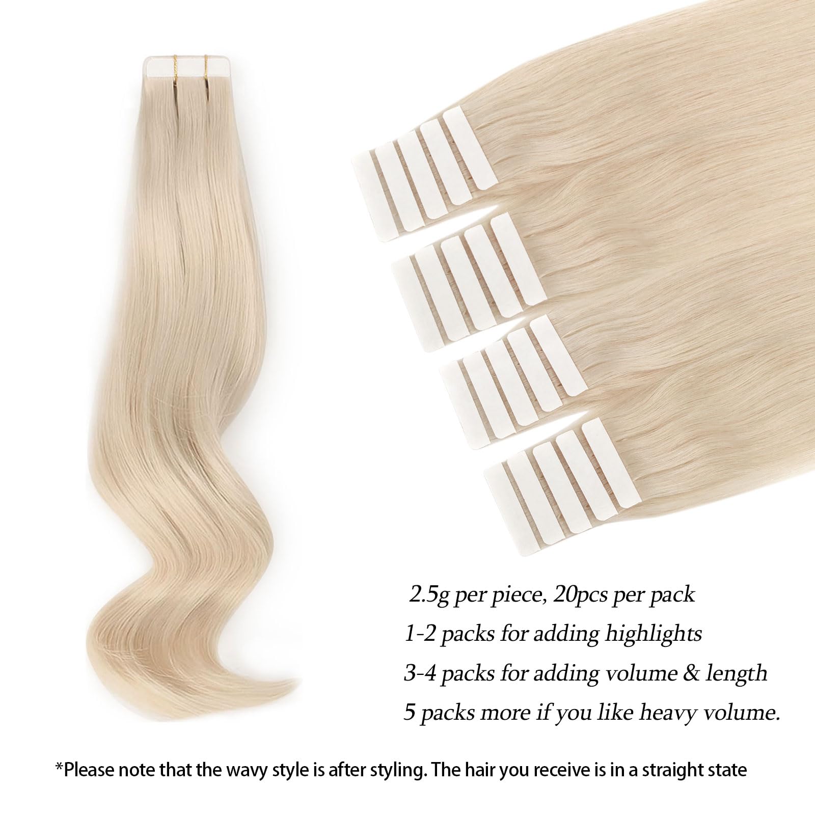 ABH AmazingBeauty 100% Real Remy Human Hair Extensions - 50g 20pcs Tape-In Wefts, 22 Inch, Ice Blonde (#1001) - Seamless, Reusable, Invisible Skin Weft for Natural Volume & Length - Perfect for Parties, Weddings & Daily Styling